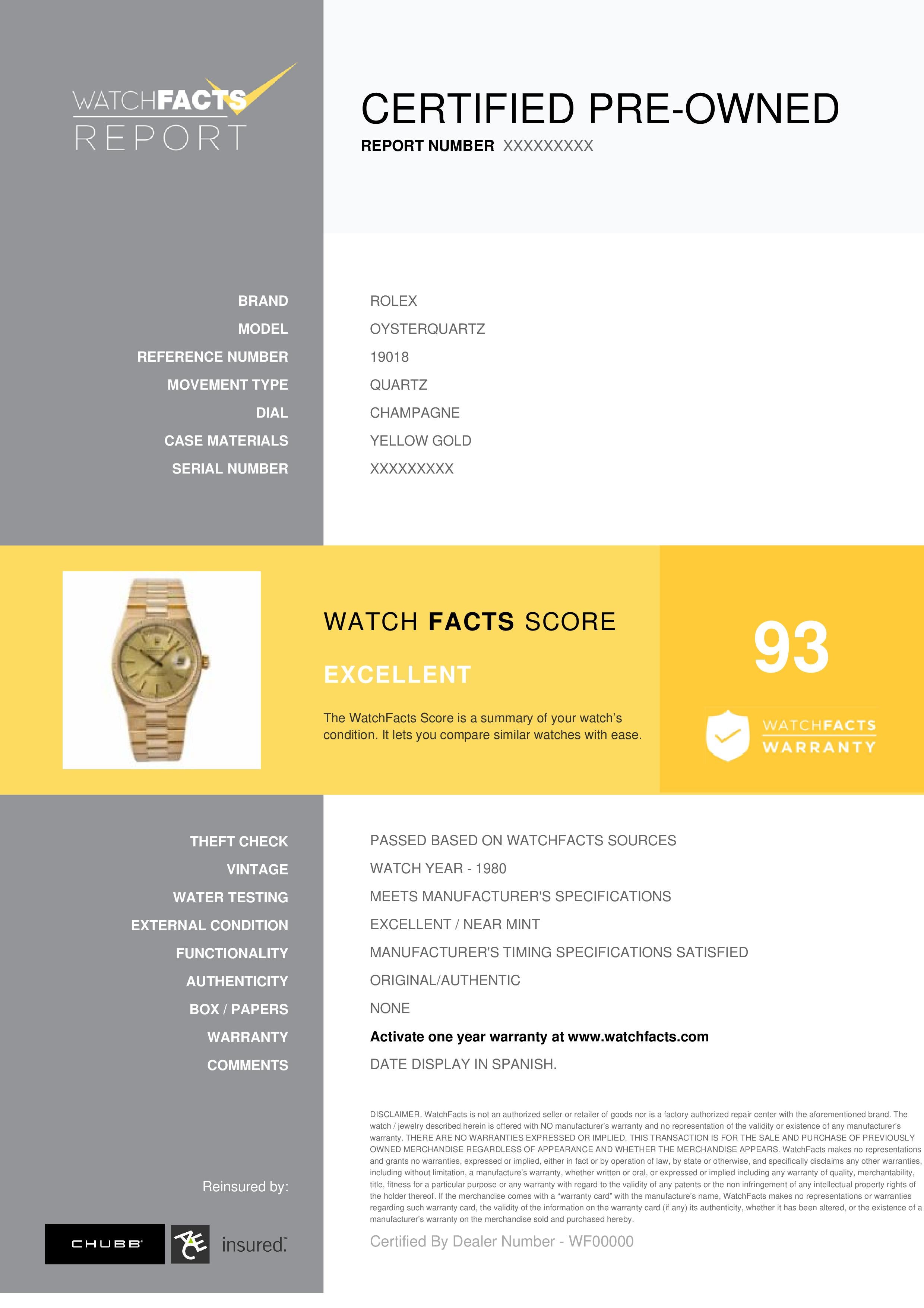 Rolex Oysterquartz Reference #: 19018. Mens Quartz Watch Yellow Gold Champagne 36 MM. Verified and Certified by WatchFacts. 1 year warranty offered by WatchFacts.
