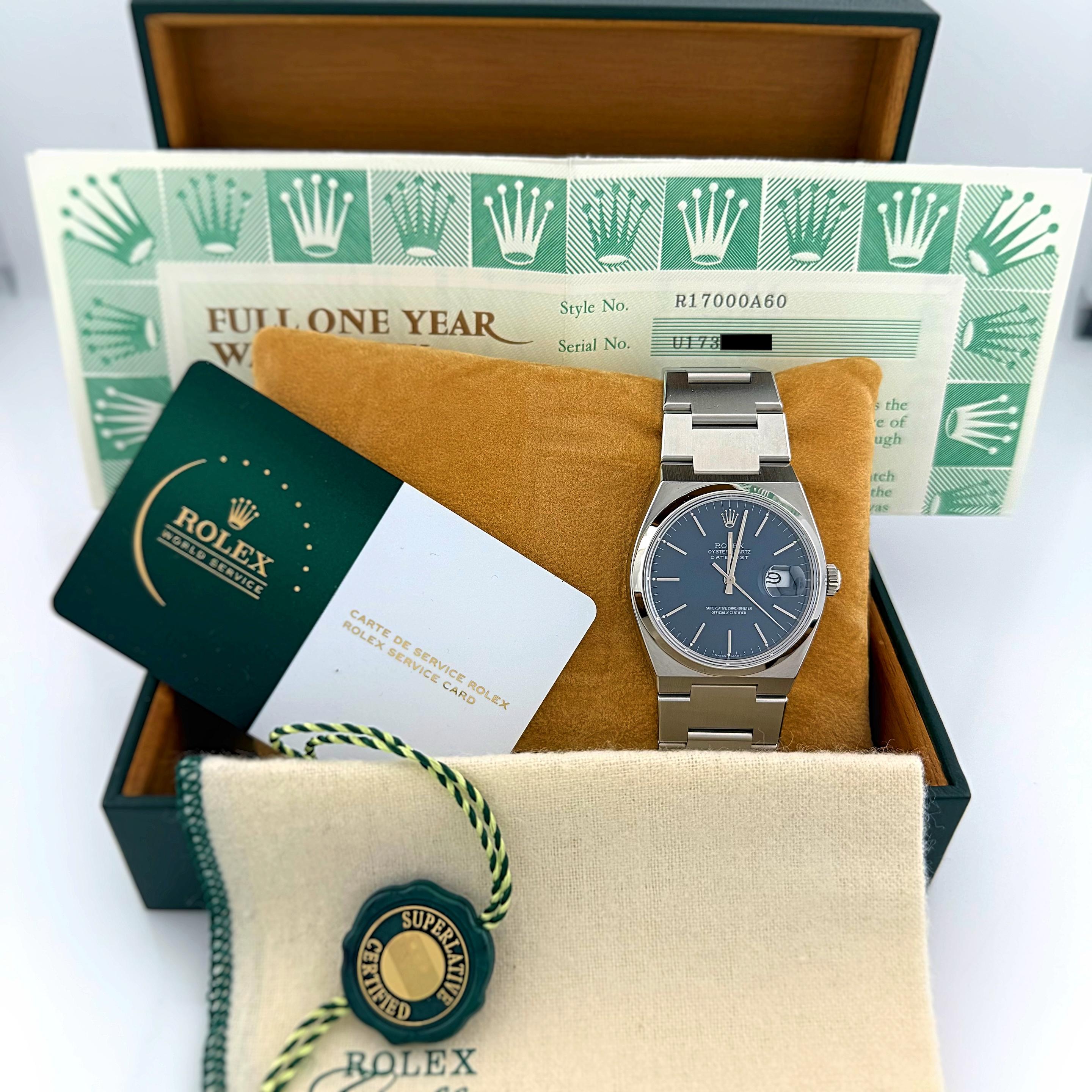Style Number: 17000
Serial:  U173***
Year:  1997
Model:  Oysterquartz Datejust
Case Material:  Stainless Steel
Band:  Oysterquartz Stainless Bracelet
Bezel:  Smooth 
Dial:  Blue dial 
Face: Sapphire Crystal
Case Size:  36 MM
Includes: 

-Original