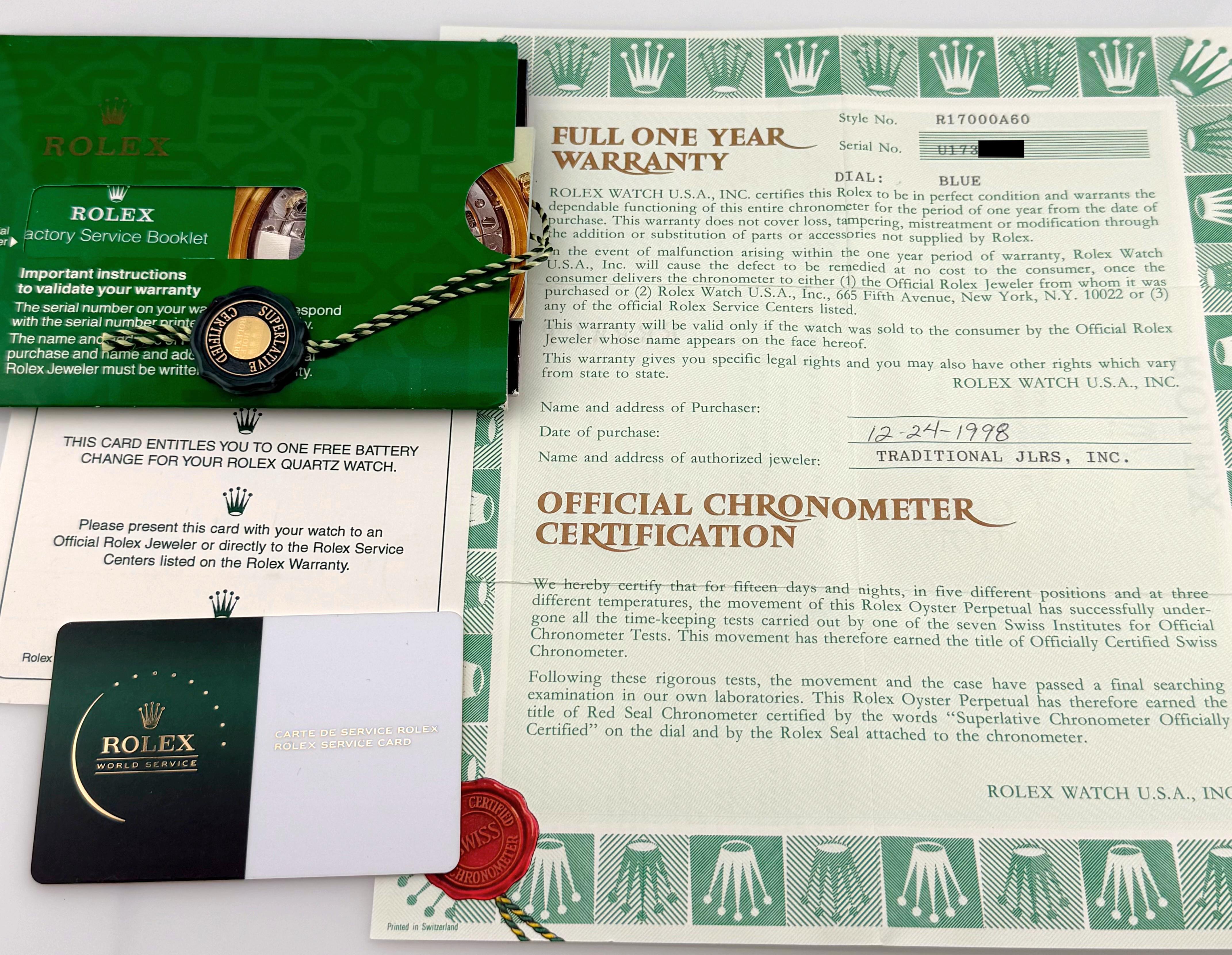Rolex Oysterquartz Datejust 17000 Blue Dial Steel Box Papers 2025 Service Card In Excellent Condition For Sale In San Diego, CA