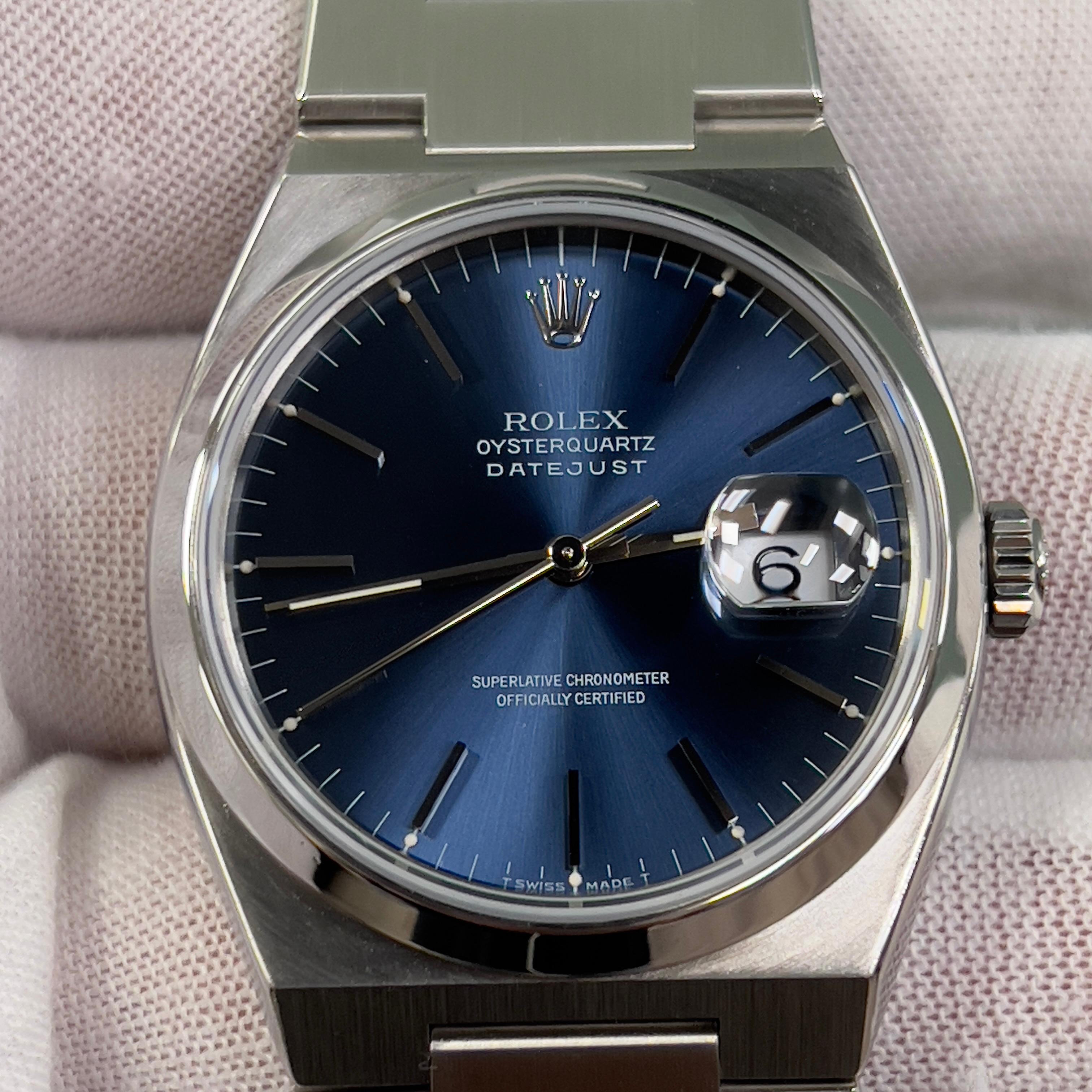 Men's Rolex Oysterquartz Datejust 17000 Blue Dial Steel Box Papers 2025 Service Card For Sale