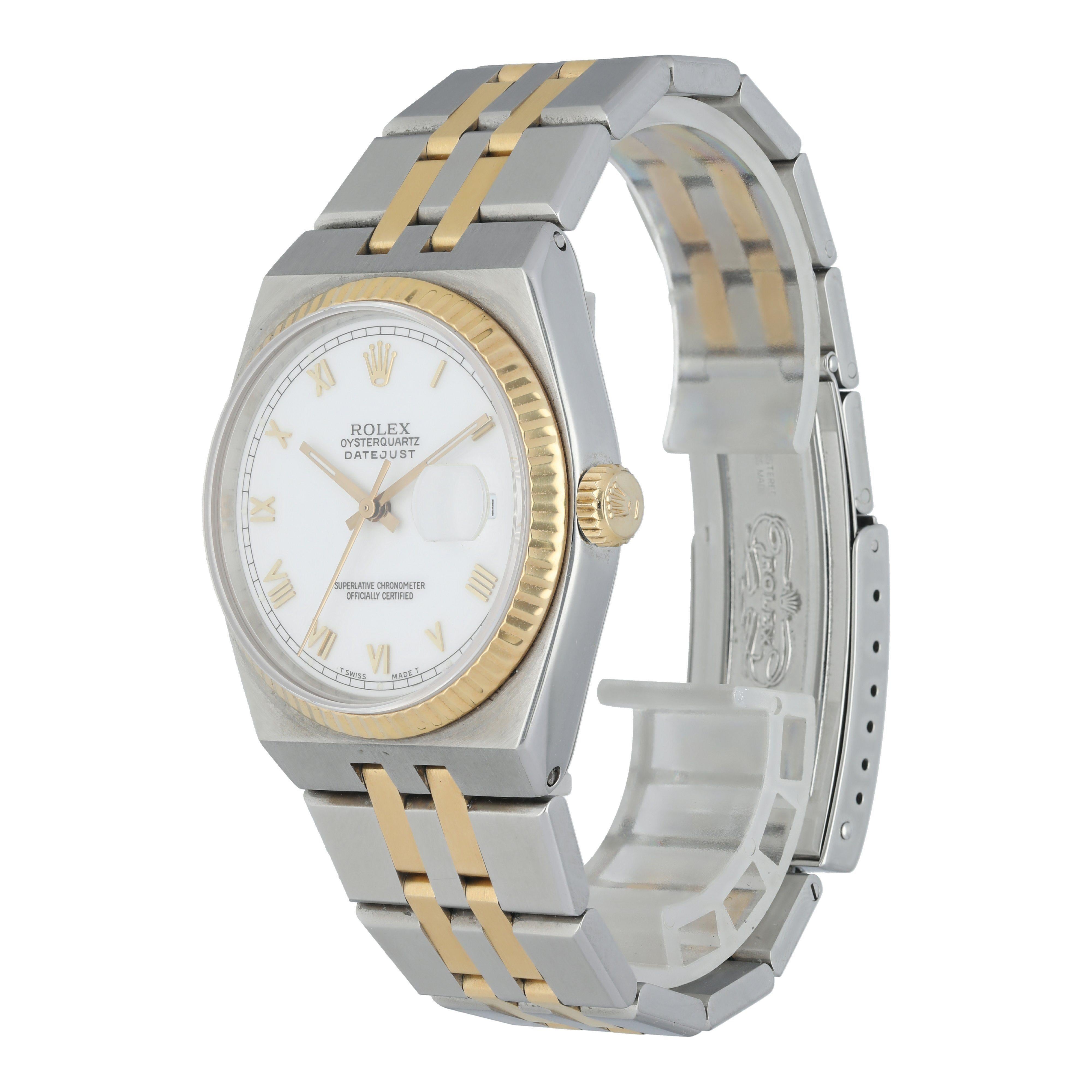 Rolex OysterQuartz Datejust 17013 Men's Watch.
36mm stainless steel case with yellow gold fluted bezel. 
White dial with gold luminous hands and markers. 
Date display at the 3 o'clock position
Stainless steel and yellow gold bracelet with a