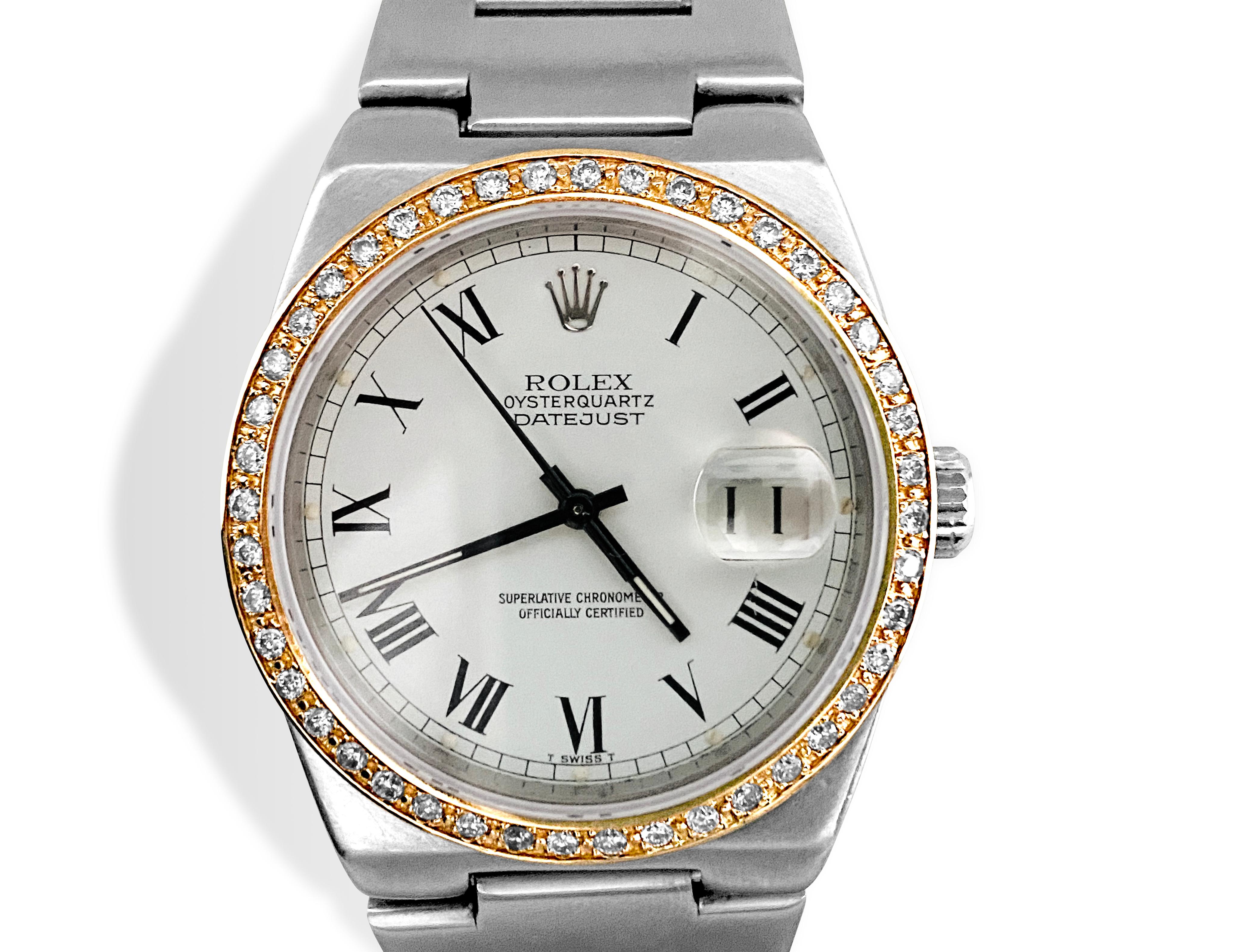 Rolex Oysterquartz Datejust 17000. Rolex Datejust Stainless Steel. 36mm case. 

Comes with Diamond Bezel. TCW of diamonds : 1.00 carat. VS2-SI1 clarity and F-G color. All stones are round brilliant cut, set in bead setting. 

For 25 years Rolex