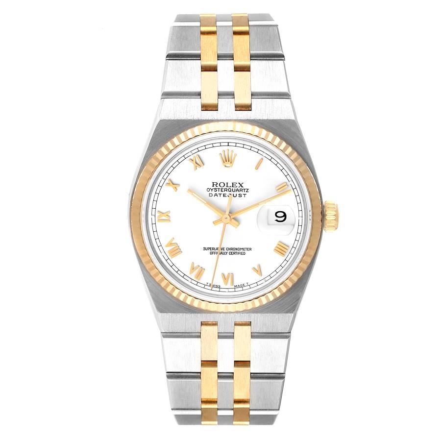 Rolex Oysterquartz Datejust Steel 18k Yellow Gold White Dial Watch 17013. Quartz movement. Stainless steel oyster case 36.0 mm in diameter. Rolex logo on a crown. 18k yellow gold fluted bezel. Scratch resistant sapphire crystal with cyclops