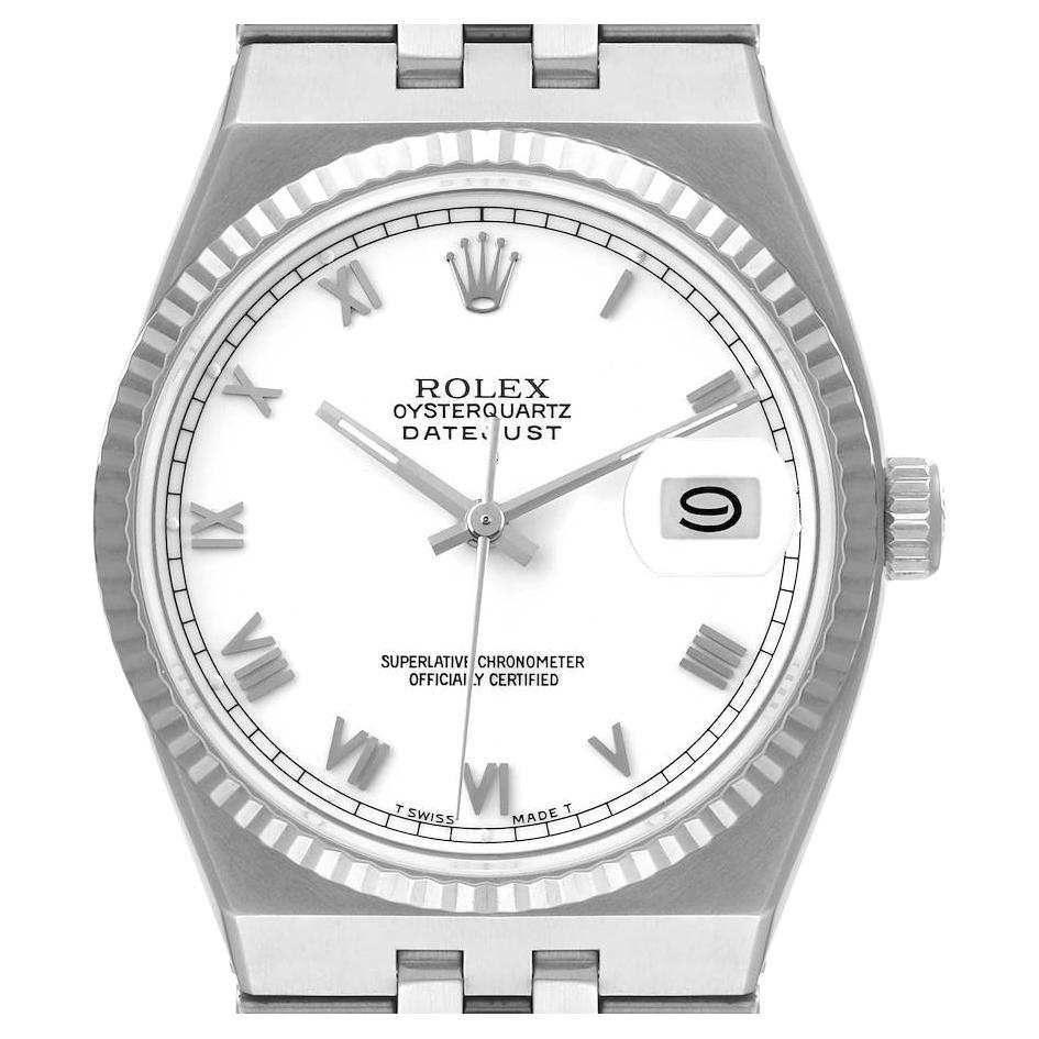 Rolex Oysterquartz Datejust Steel White Gold Fluted Bezel Watch 17014 Box Papers For Sale