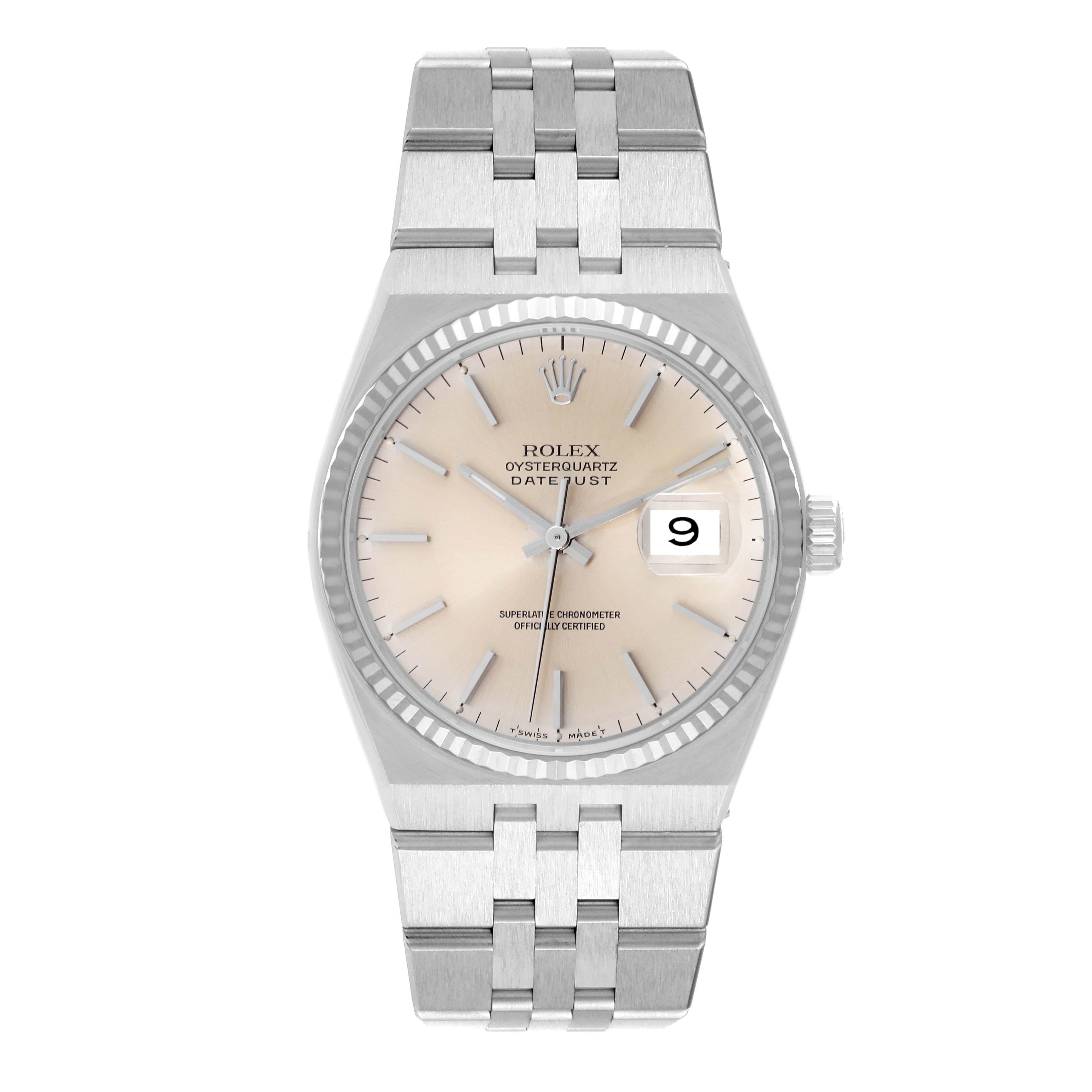 Rolex Oysterquartz Datejust Steel White Gold Mens Watch 17014 Box Papers. Quartz movement. Stainless steel oyster case 36.0 mm in diameter. Rolex logo on a crown. 18k white gold fluted bezel. Scratch resistant sapphire crystal with cyclops