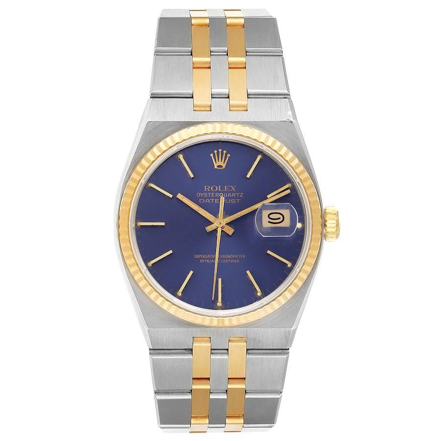 Rolex Oysterquartz Datejust Stahl Gelbgold Blau Zifferblatt Herrenuhr 17013. Quarzwerk. Oyster-Gehäuse aus Edelstahl mit einem Durchmesser von 36 mm. Rolex-Logo auf einer Krone. geriffelte Lünette aus 18 Karat Gelbgold. Kratzfestes Saphirglas mit