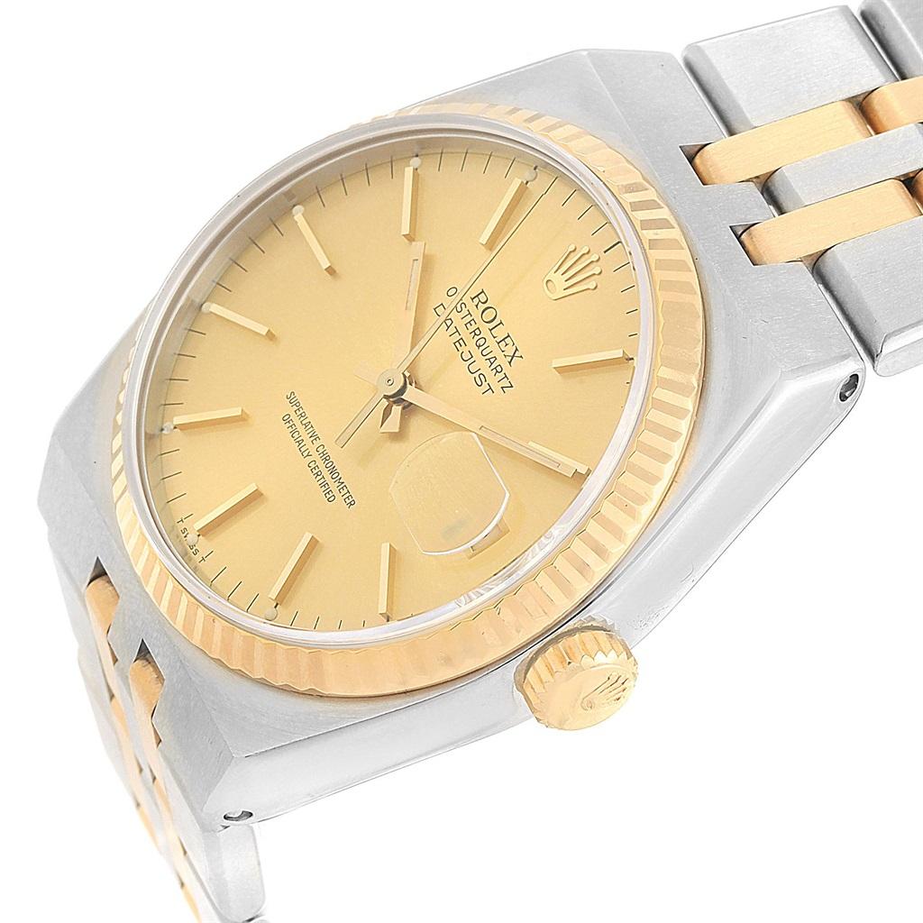Rolex Oysterquartz Datejust Steel Yellow Gold Mens Watch 17013 box. Quartz movement. Stainless steel oyster case 36.0 mm in diameter. Rolex logo on a crown. 18k yellow gold fluted bezel. Scratch resistant sapphire crystal with cyclops magnifyer.