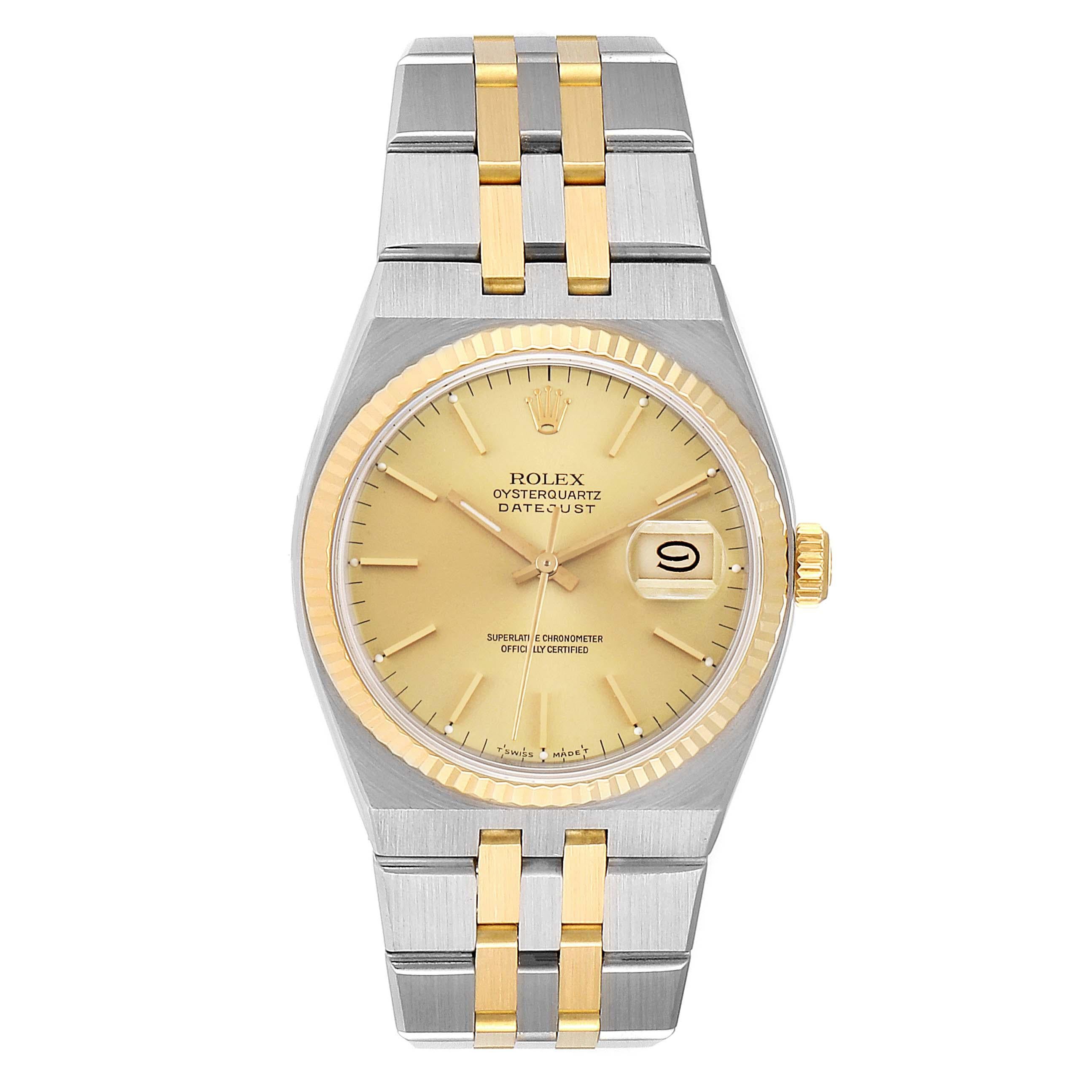 Rolex Oysterquartz Datejust Steel Yellow Gold Mens Watch 17013 Box Papers. Quartz movement. Stainless steel oyster case 36 mm in diameter. Rolex logo on a crown. 18k yellow gold fluted bezel. Scratch resistant sapphire crystal with cyclops