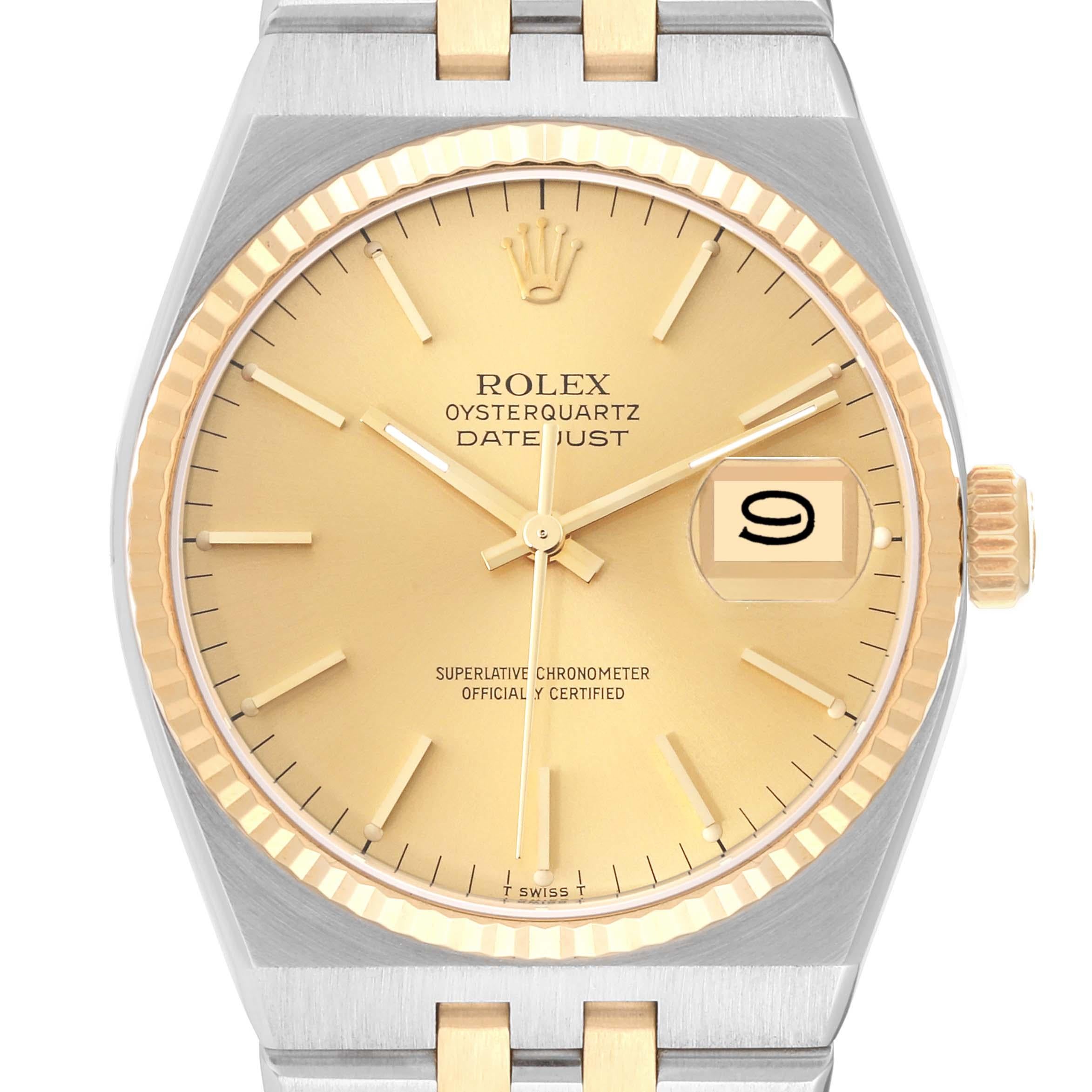 Rolex Oysterquartz Datejust Steel Yellow Gold Mens Watch 17013 Box Papers. Quartz movement. Stainless steel oyster case 36 mm in diameter. Rolex logo on the crown. 18k yellow gold fluted bezel. Scratch resistant sapphire crystal with cyclops