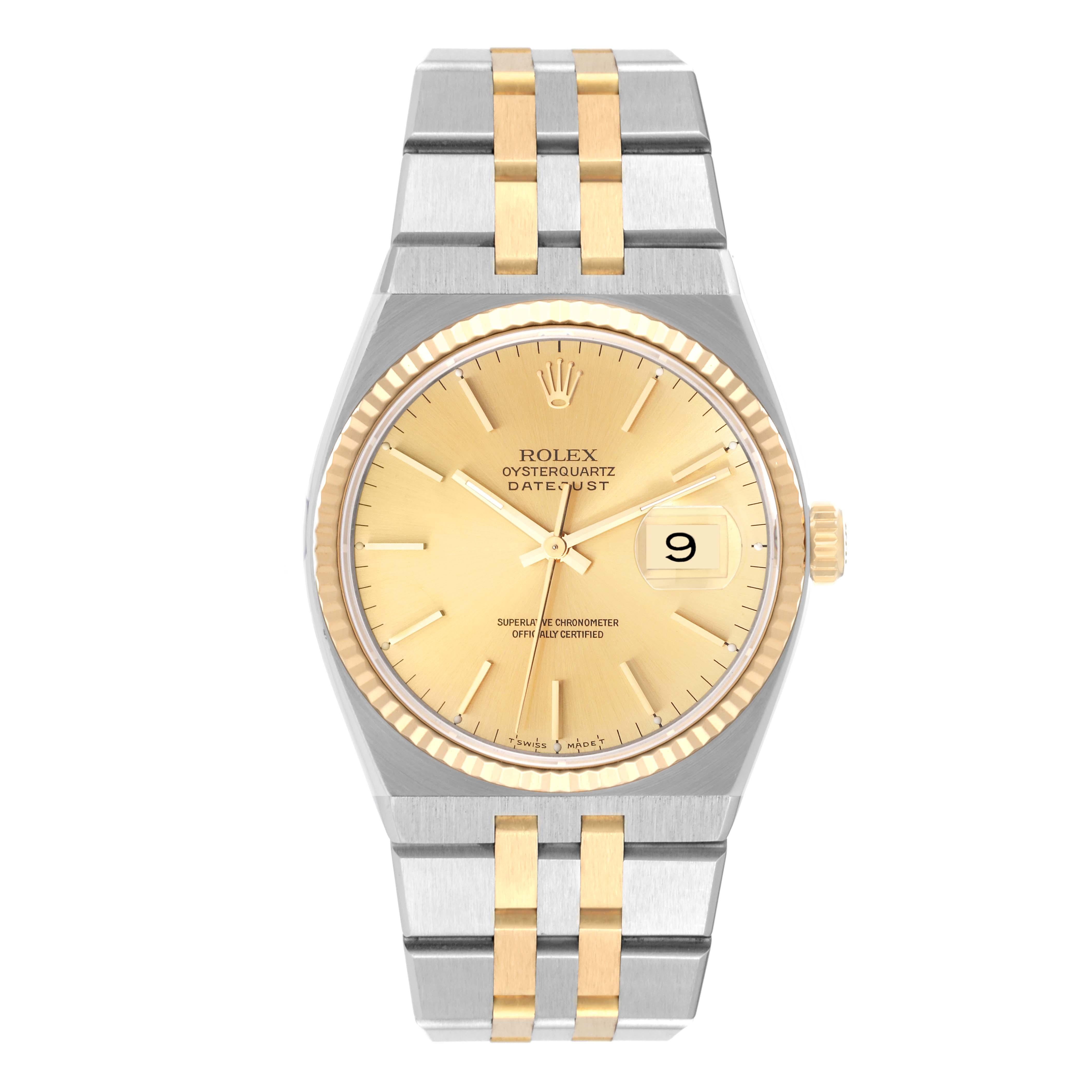 Rolex Oysterquartz Datejust Steel Yellow Gold Mens Watch 17013. Quartz movement. Stainless steel oyster case 36 mm in diameter. Rolex logo on the crown. 18k yellow gold fluted bezel. Scratch resistant sapphire crystal with cyclops magnifier.