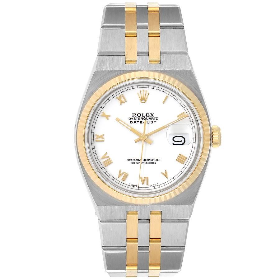 Rolex Oysterquartz Datejust Steel Yellow Gold White Dial Watch 17013 Box. Quartz movement. Stainless steel oyster case 36.0 mm in diameter. Rolex logo on a crown. 18k yellow gold fluted bezel. Scratch resistant sapphire crystal with cyclops