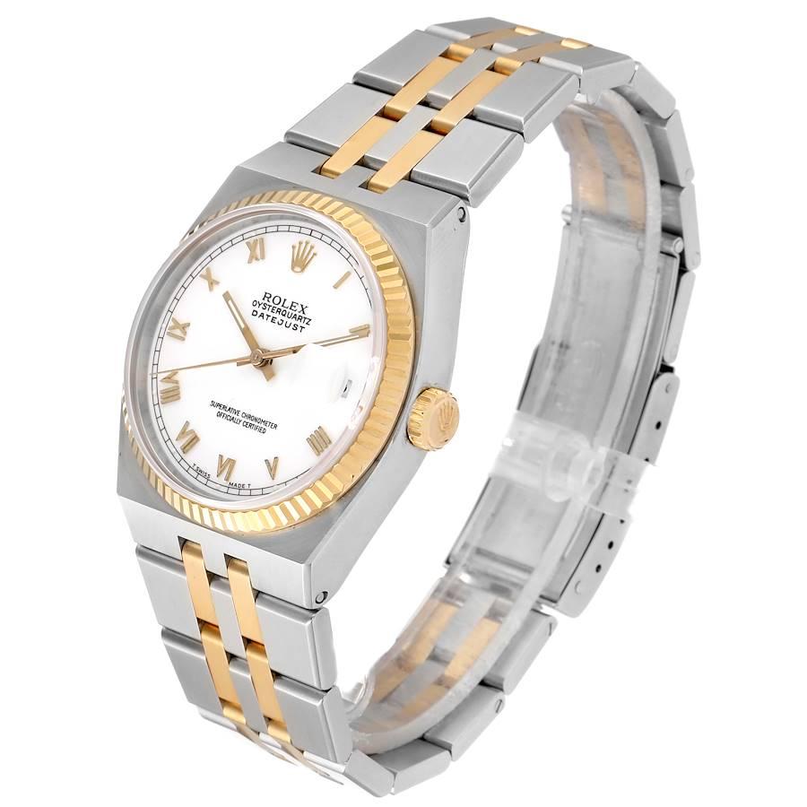 Rolex Oysterquartz Datejust Steel Yellow Gold White Dial Watch 17013 Box In Excellent Condition For Sale In Atlanta, GA