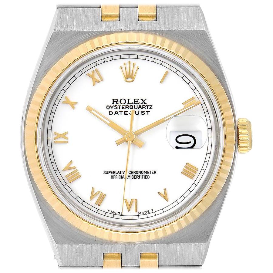 Rolex Oysterquartz Datejust Steel Yellow Gold White Dial Watch 17013 Box For Sale