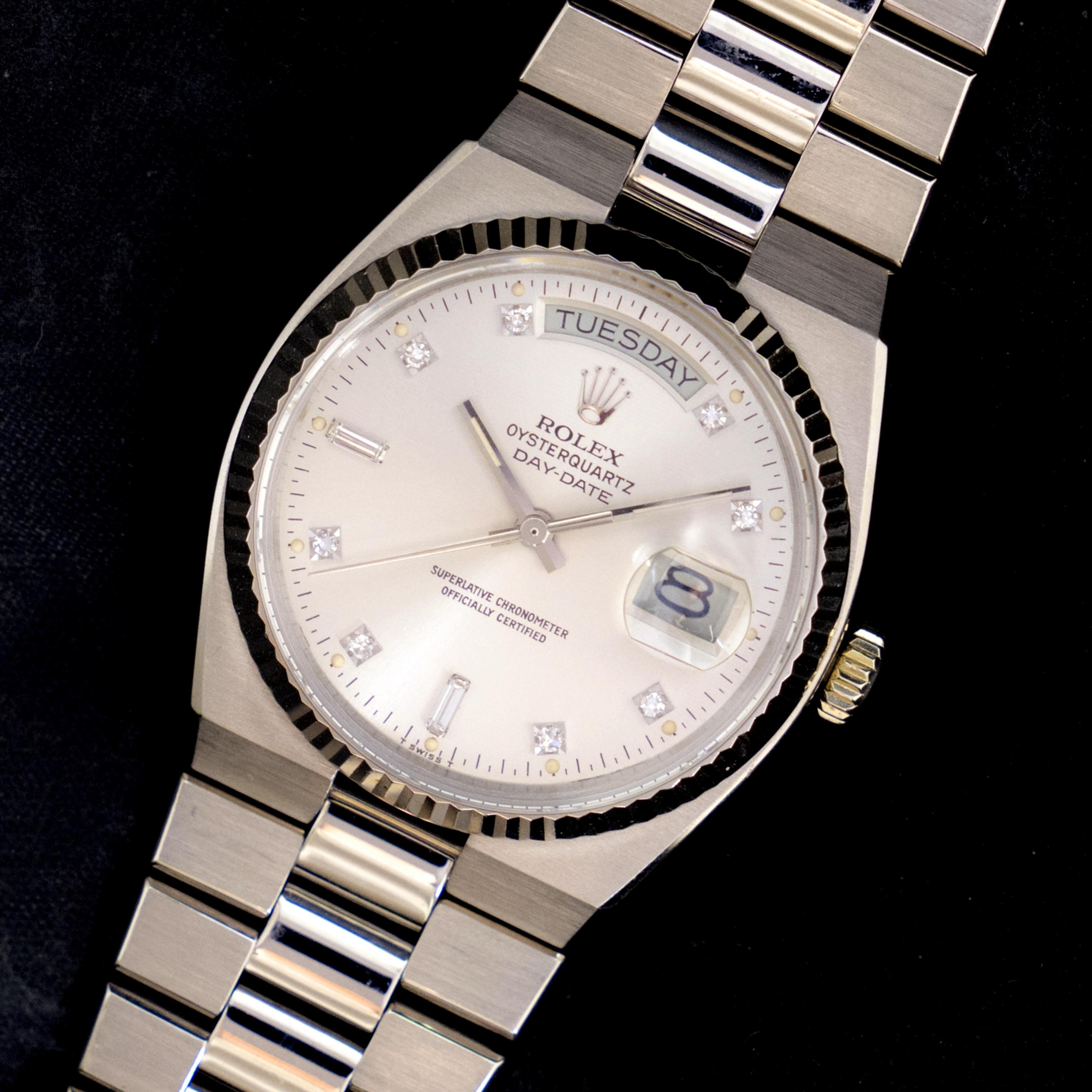 Brand: Vintage Rolex
Model: 19019
Year: 1979
Serial number: 62xxxxx
Reference: C03963

Case: 18K white gold 36mm without crown; Show sign of wear with slight polish from previous; inner case back stamped 19000

Dial: Excellent Condition Silver Dial