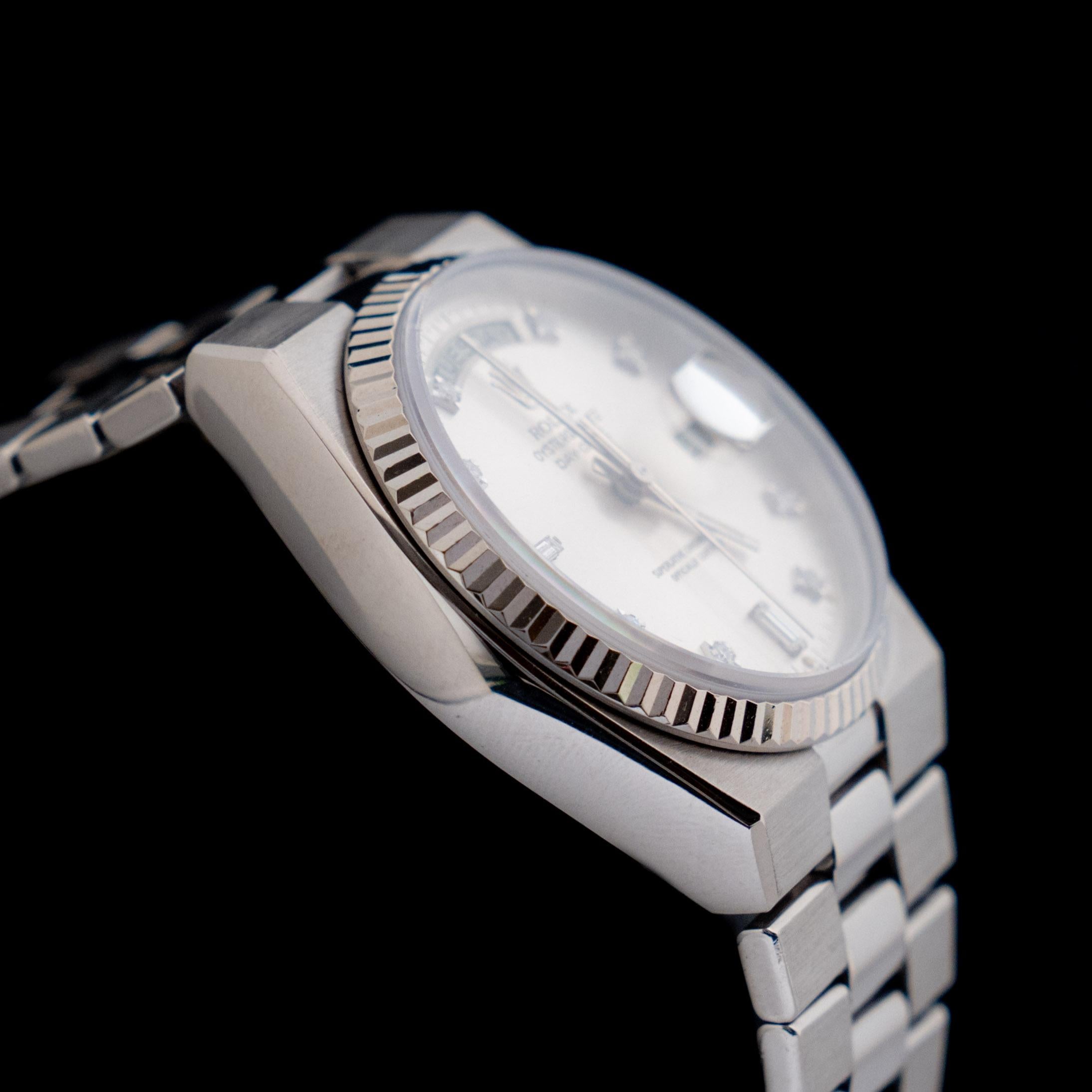 Round Cut Rolex Oysterquartz Day-Date 18K White Gold Silver Diamond Dial Watch 19019, 1979 For Sale