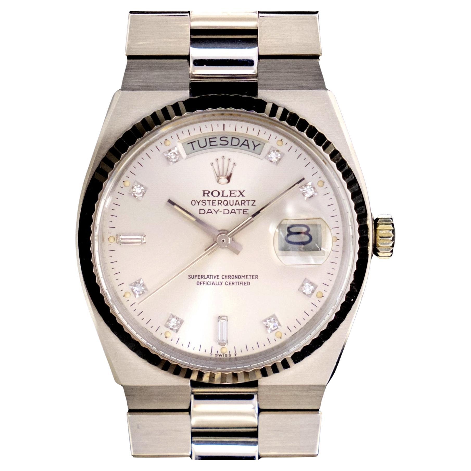 Rolex Oysterquartz Day-Date 18K White Gold Silver Diamond Dial Watch 19019, 1979 For Sale
