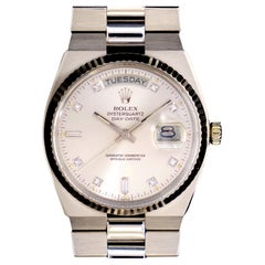Retro Rolex Oysterquartz Day-Date 18K White Gold Silver Diamond Dial Watch 19019, 1979