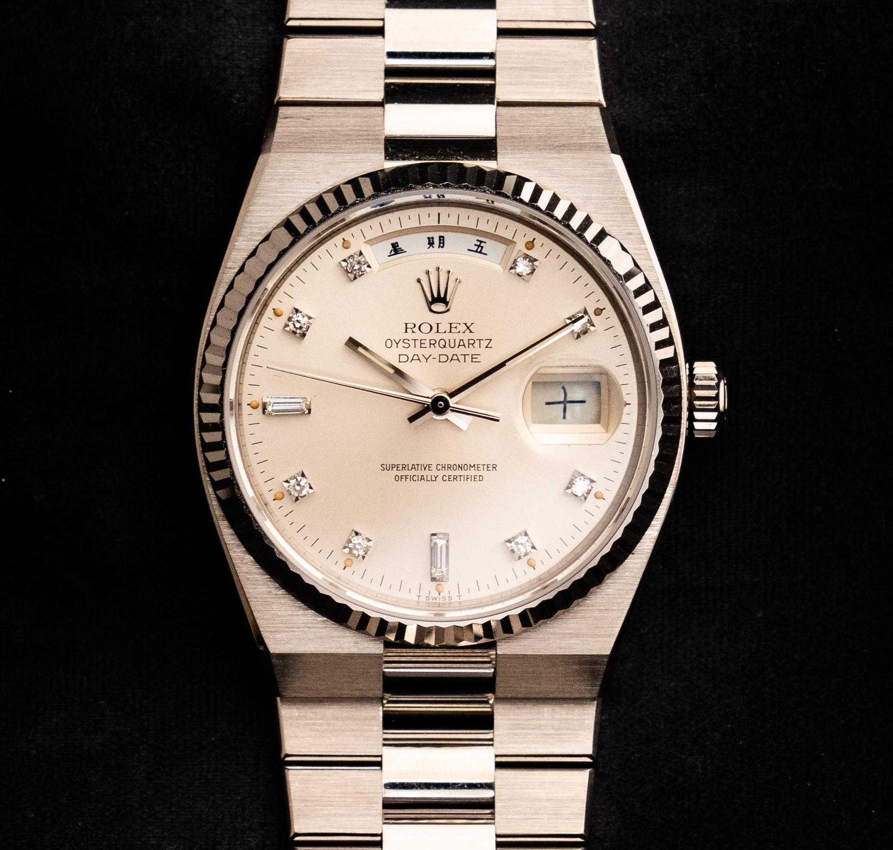 Rolex Oysterquartz Day-Date 18K Weißgold Silber-Diamant-Zifferblattuhr 19019, 1981 (Rundschliff)