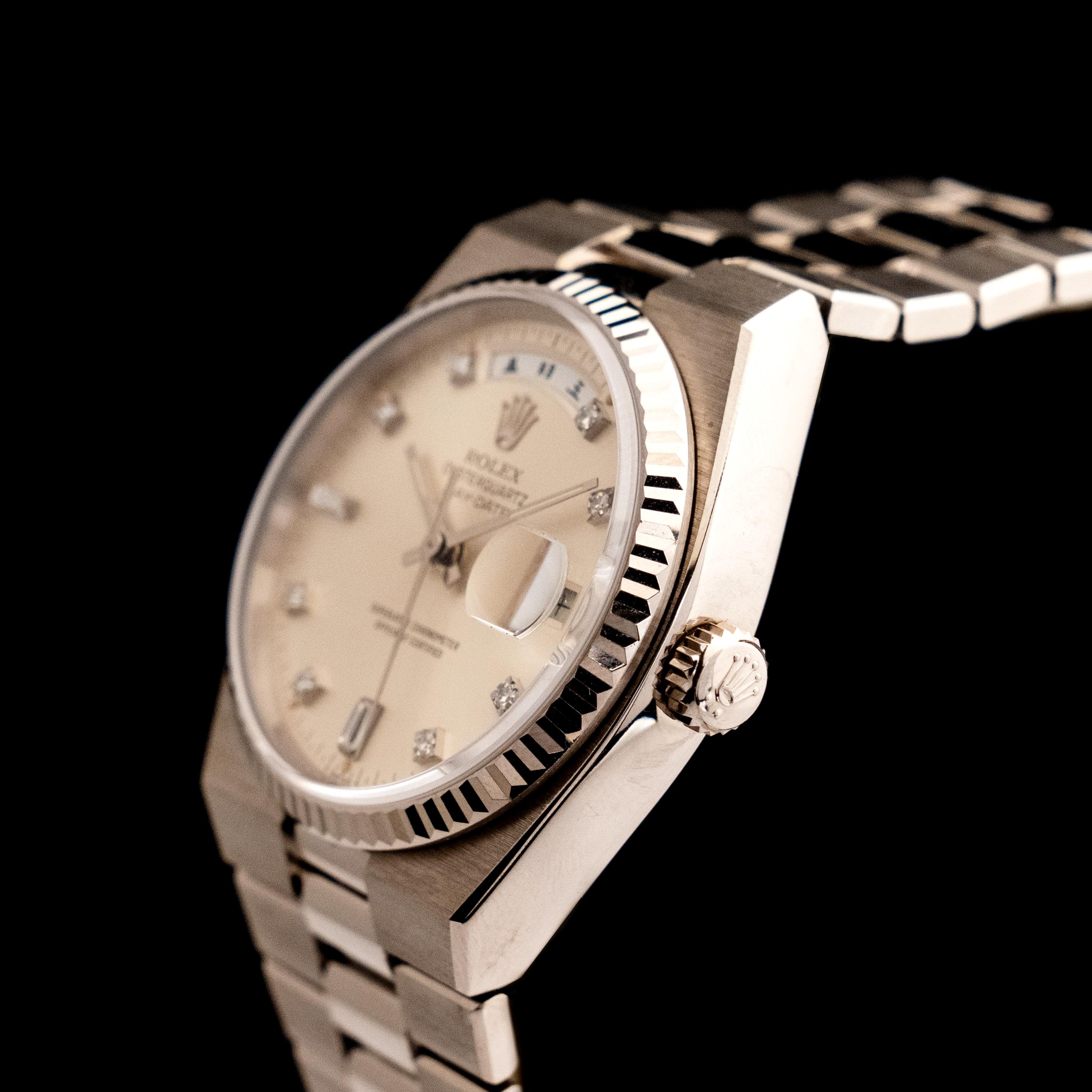 Rolex Oysterquartz Day-Date 18K Weißgold Silber-Diamant-Zifferblattuhr 19019, 1981 im Zustand „Gut“ in Central & Western District, HK