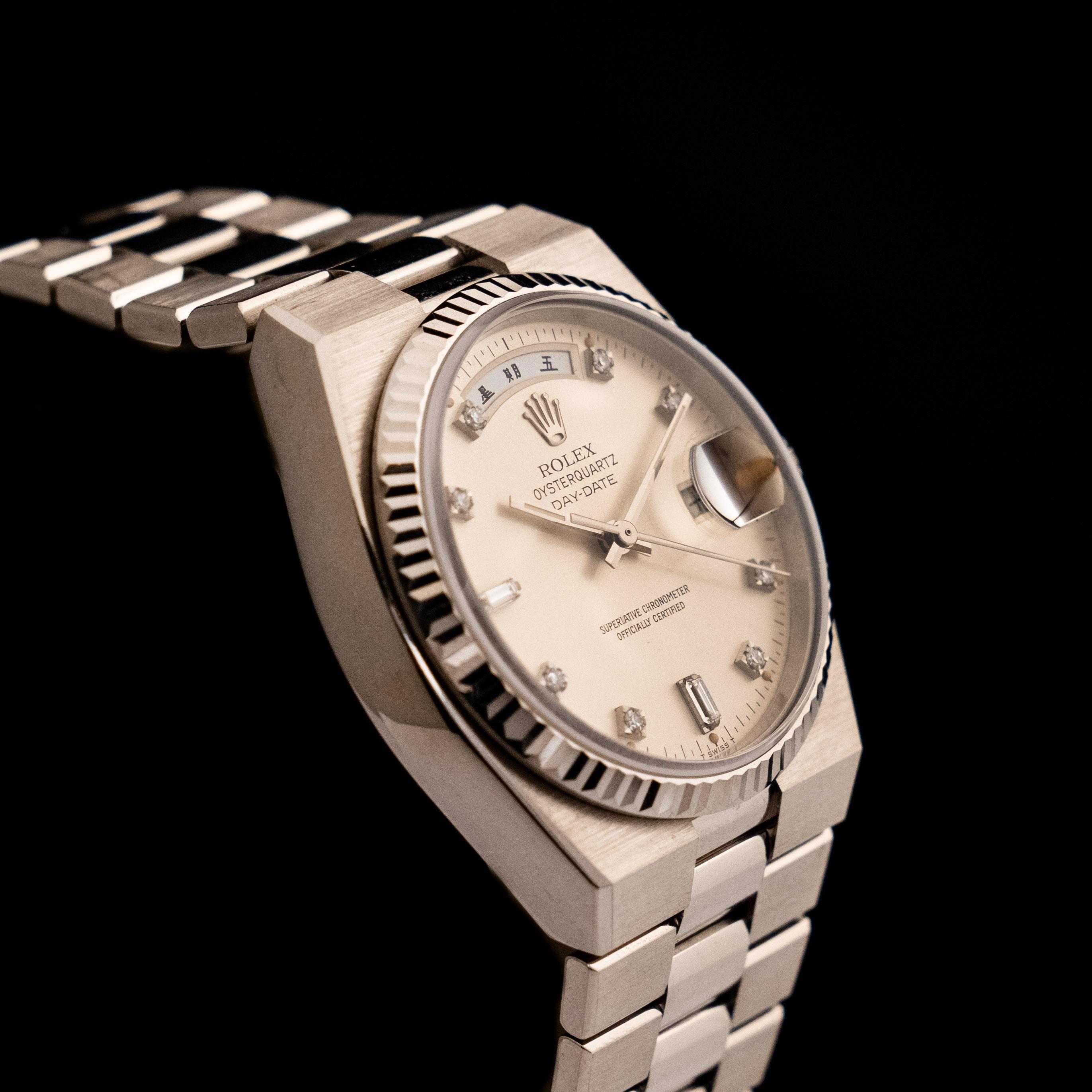 Rolex Oysterquartz Day-Date 18K Weißgold Silber-Diamant-Zifferblattuhr 19019, 1981 für Damen oder Herren