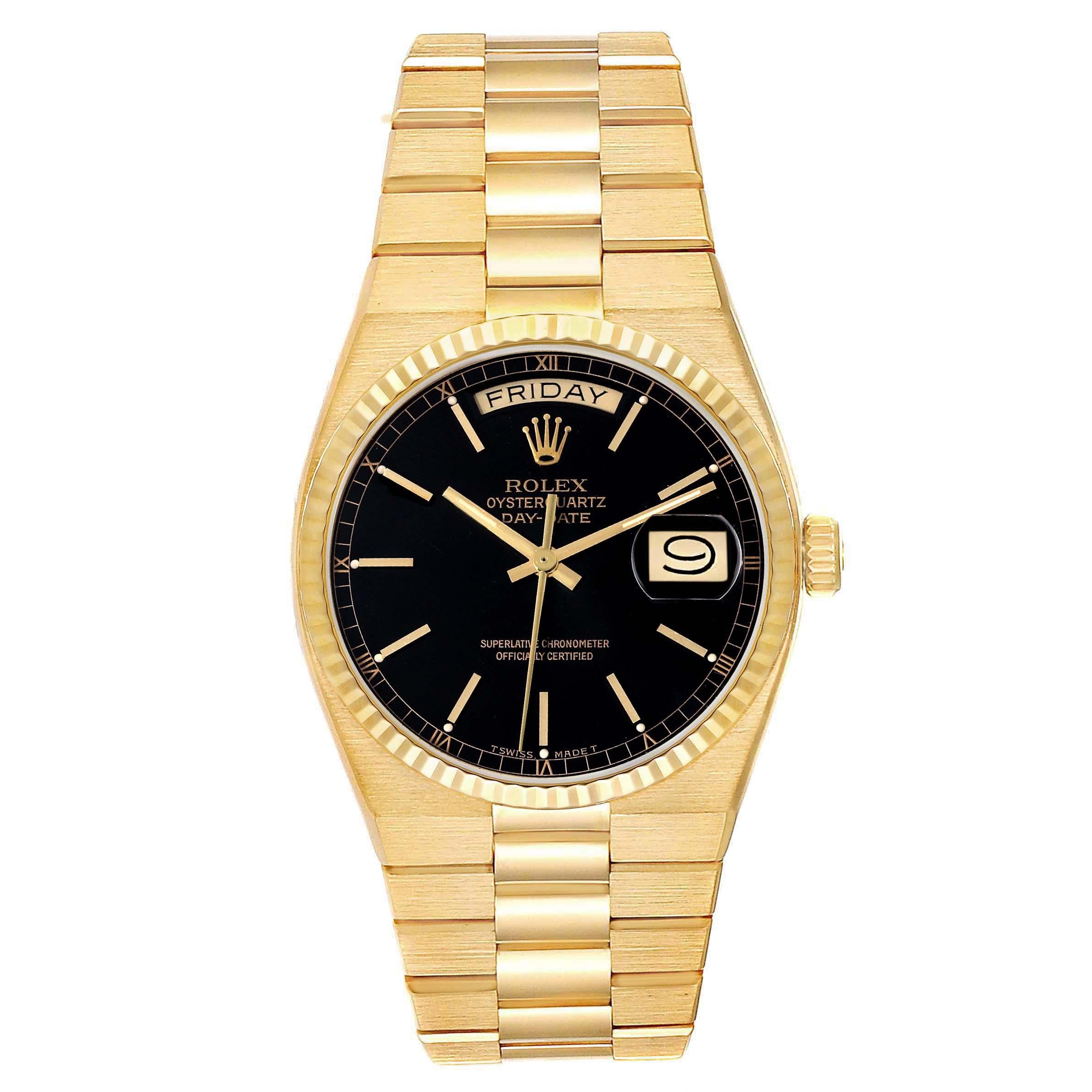 Rolex Oysterquartz President Day-Date Black Dial Yellow Gold Mens Watch 19018. Quartz movement. 18K yellow gold oyster case 36.0 mm in diameter. Rolex logo on a crown. 18k yellow gold fluted bezel. Scratch resistant sapphire crystal with cyclops