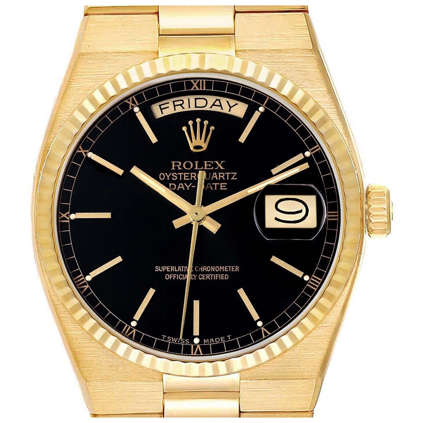 Rolex Oysterquartz President Day-Date Black Dial Yellow Gold Mens Watch 19018
