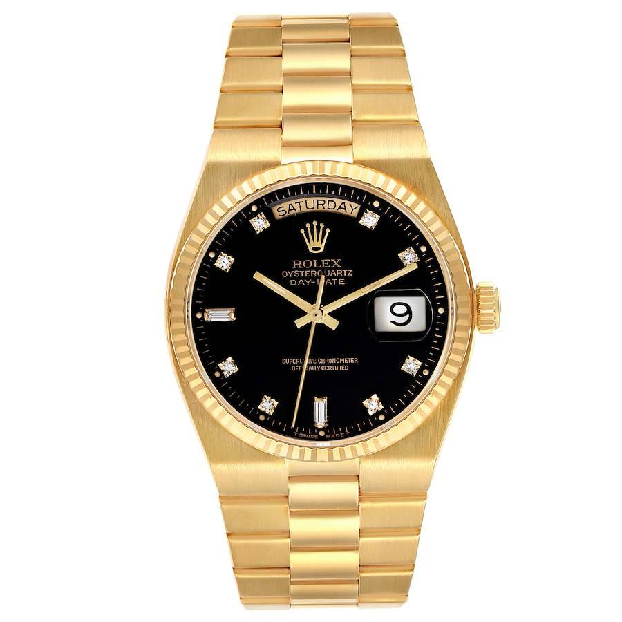 Rolex Oysterquartz President Day-Date Yellow Gold Diamond Watch 19018. Quartz movement. 18K yellow gold oyster case 36.0 mm in diameter. Rolex logo on the crown. 18k yellow gold fluted bezel. Scratch resistant sapphire crystal with cyclops