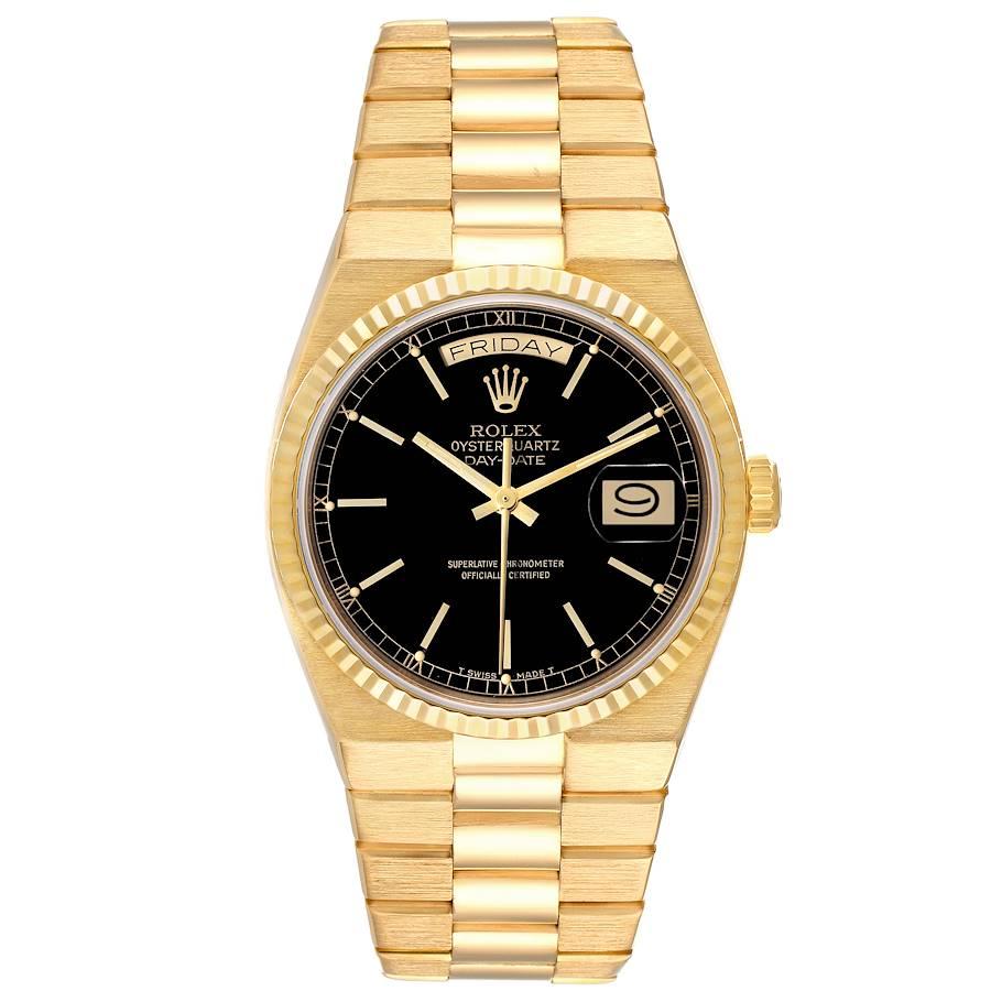 Rolex Oysterquartz President Day-Date Yellow Gold Mens Watch 19018 Papers. Quartz movement. 18K yellow gold oyster case 36.0 mm in diameter. Rolex logo on a crown. 18k yellow gold fluted bezel. Scratch resistant sapphire crystal with cyclops