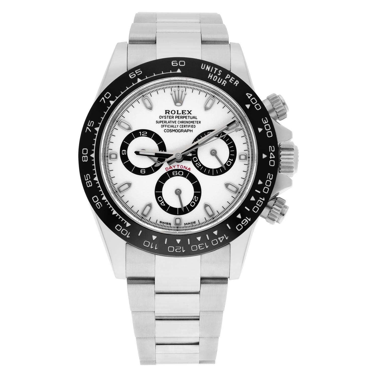 Rolex Oyster Perpetual Cosmograph Daytona 116500LN 40mm polished 904L stainless steel case, screw-down back and push buttons, screw-down crown and push buttons with Triplock triple waterproofness, black monobloc ceramic Cerachrom bezel with engraved