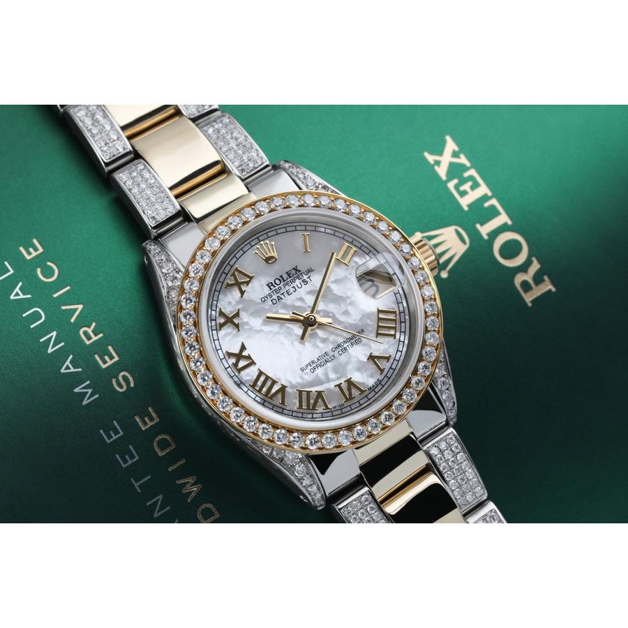 Rolex Pearl Roman 31mm Datejust 2Tone 18K Gold + SS + Side Diamonds Oyster Band + Bezel Watch 68273
This watch is in like new condition. It has been polished, serviced and has no visible scratches or blemishes. All our watches come with a standard 1