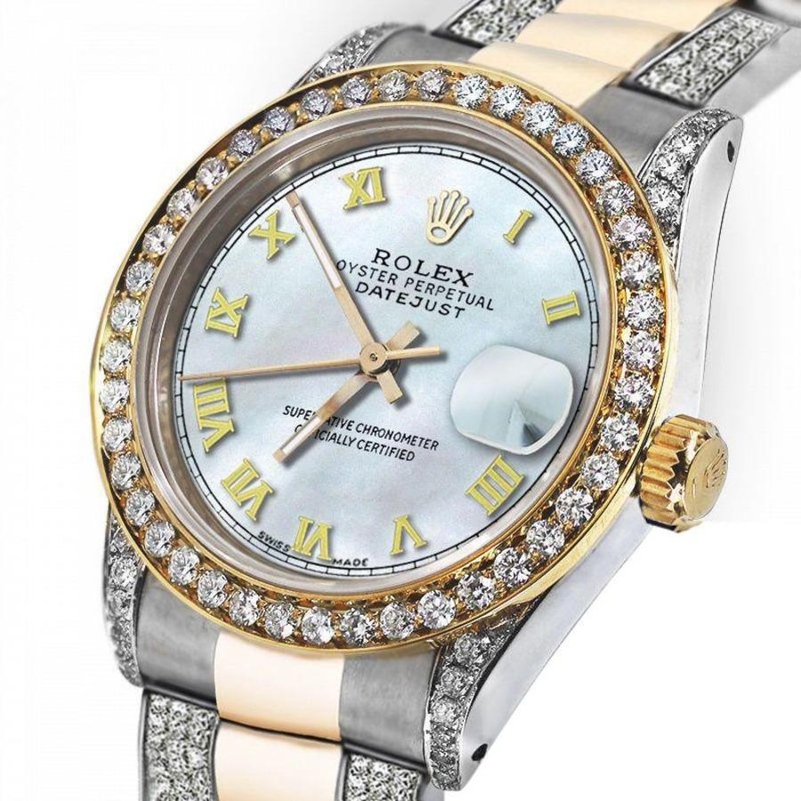 Round Cut Rolex Pearl Roman 31mm Datejust Two Tone 18K Gold + SS + Side Diamonds Watch For Sale