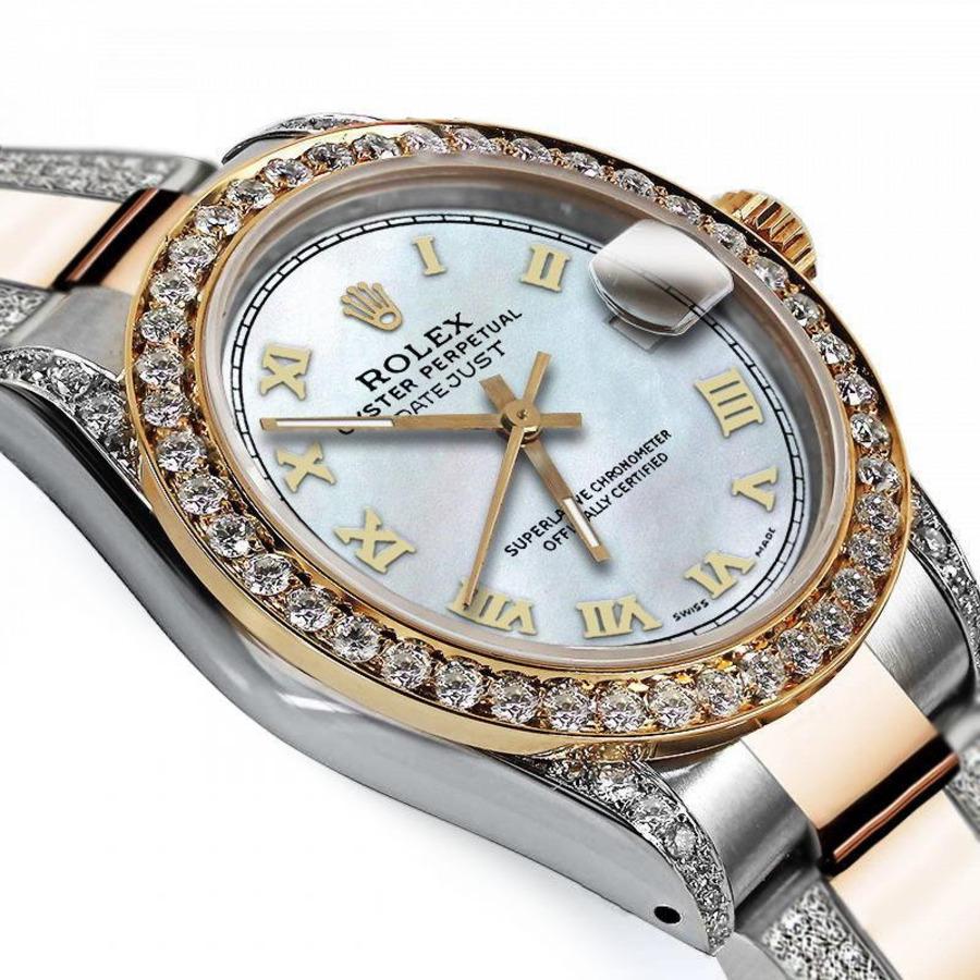 Rolex Montre Datejust en or 18 carats avec perles romaines et diamants latéraux, 31 mm Excellent état - En vente à New York, NY