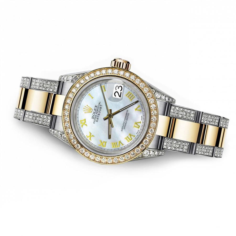 Women's Rolex Pearl Roman 31mm Datejust Two Tone 18K Gold + SS + Side Diamonds Watch For Sale