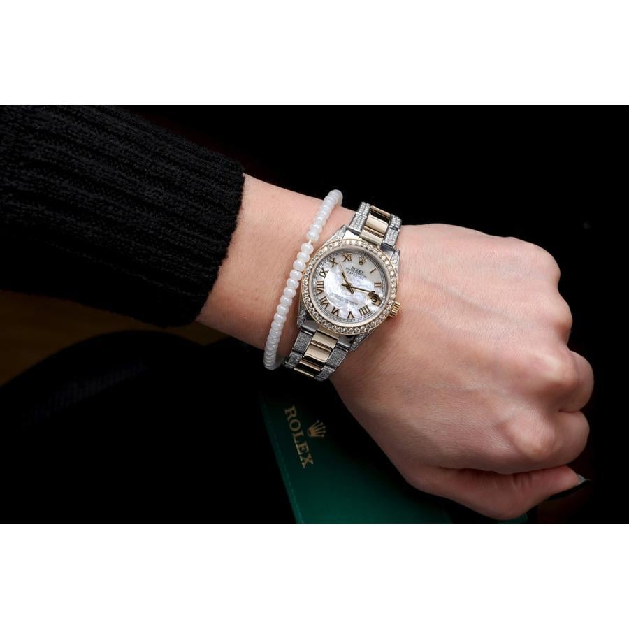 Rolex Pearl Roman 31mm Datejust Two Tone 18K Gold + SS + Side Diamonds Watch For Sale 2