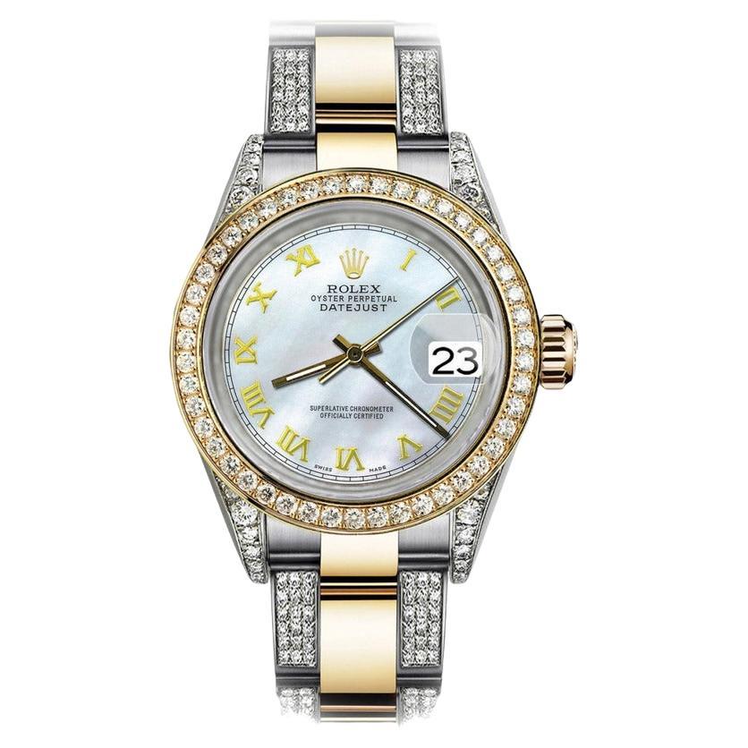 Rolex Pearl Roman 31mm Datejust Two Tone 18K Gold + SS + Side Diamonds Watch For Sale