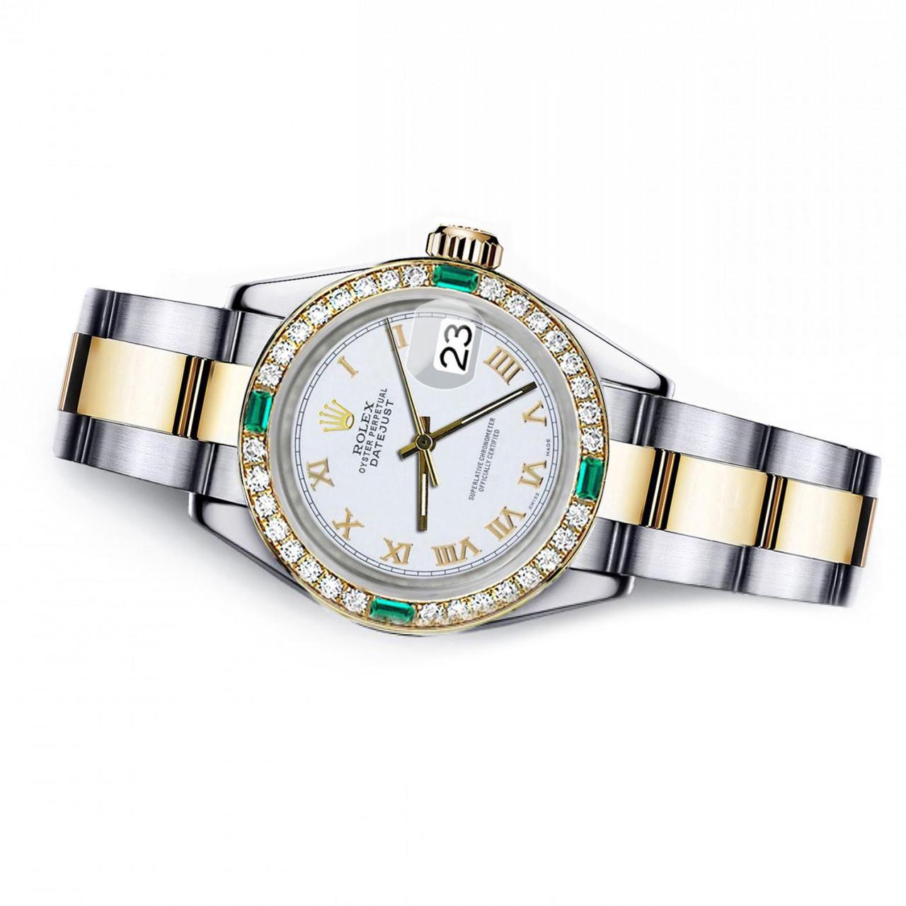 Rolex Pearl White Roman 26mm Datejust Two Tone Diamond + Emerald Bezel Watch 69173
