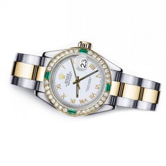 Rolex Pearl White Roman 26mm Datejust Two Tone Diamond + Emerald Bezel Watch