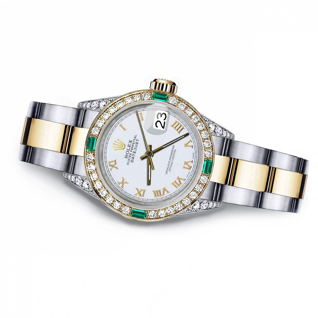 Rolex Pearl White Roman 26mm Datejust Two Tone Diamond lugs Emeralds Watch 69173
