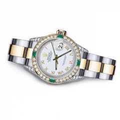 Rolex Pearl White Roman Datejust Two Tone Diamond Lugs Emeralds Watch 69173