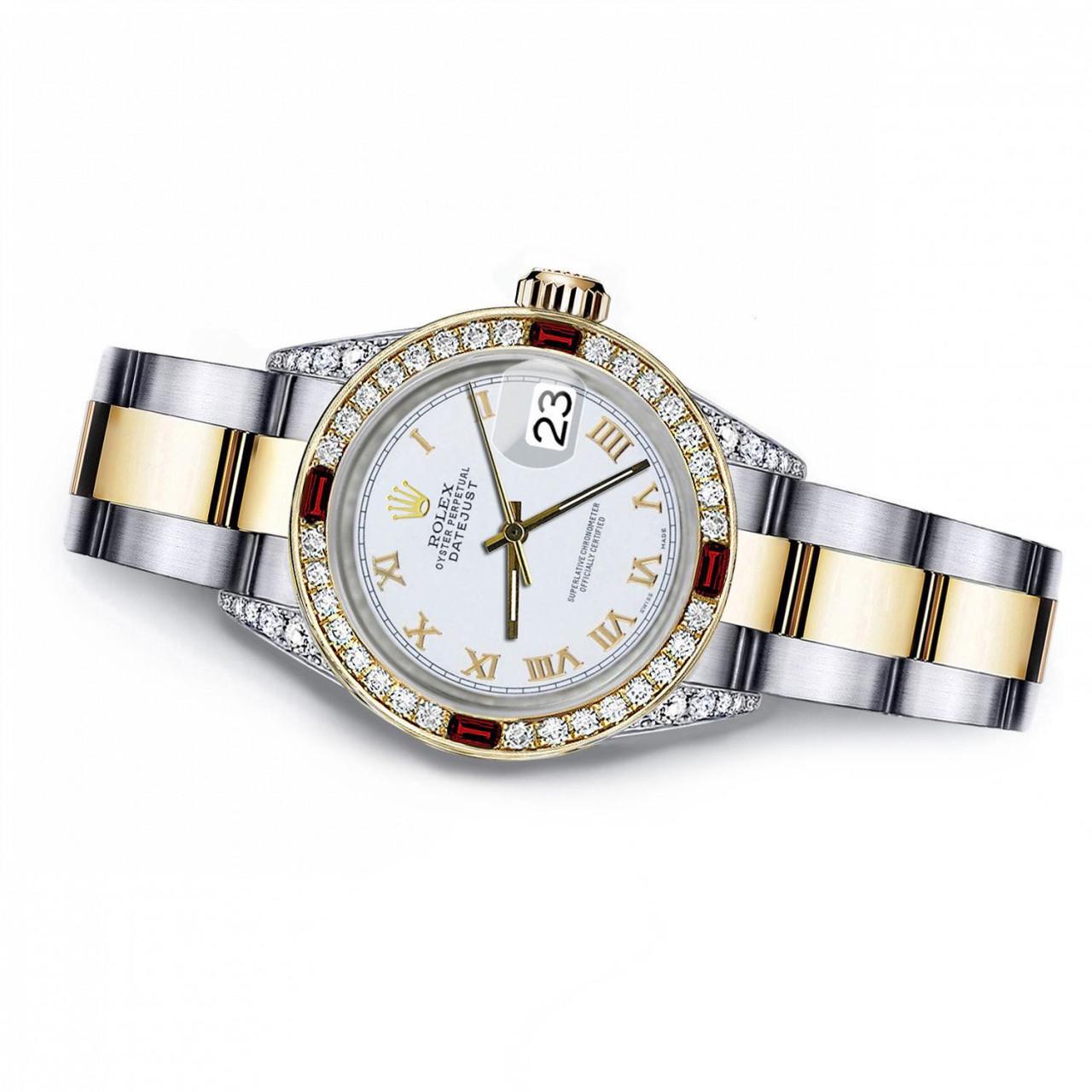 Rolex Pearl White Roman 26mm Datejust Two Tone Diamond lugs Rubies Watch 69173
