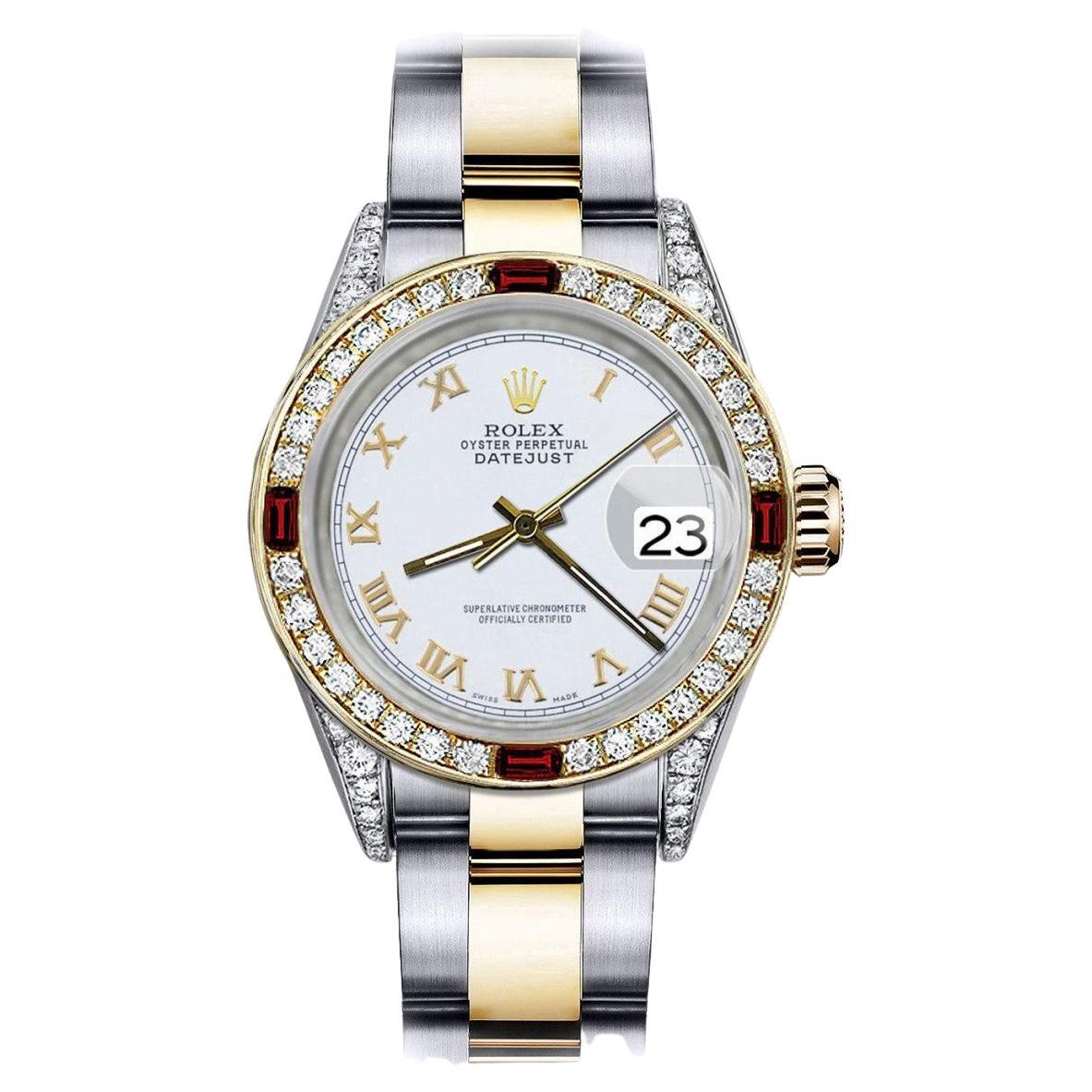 Rolex Pearl White Roman 26mm Datejust Two Tone Diamond lugs Rubies Watch For Sale
