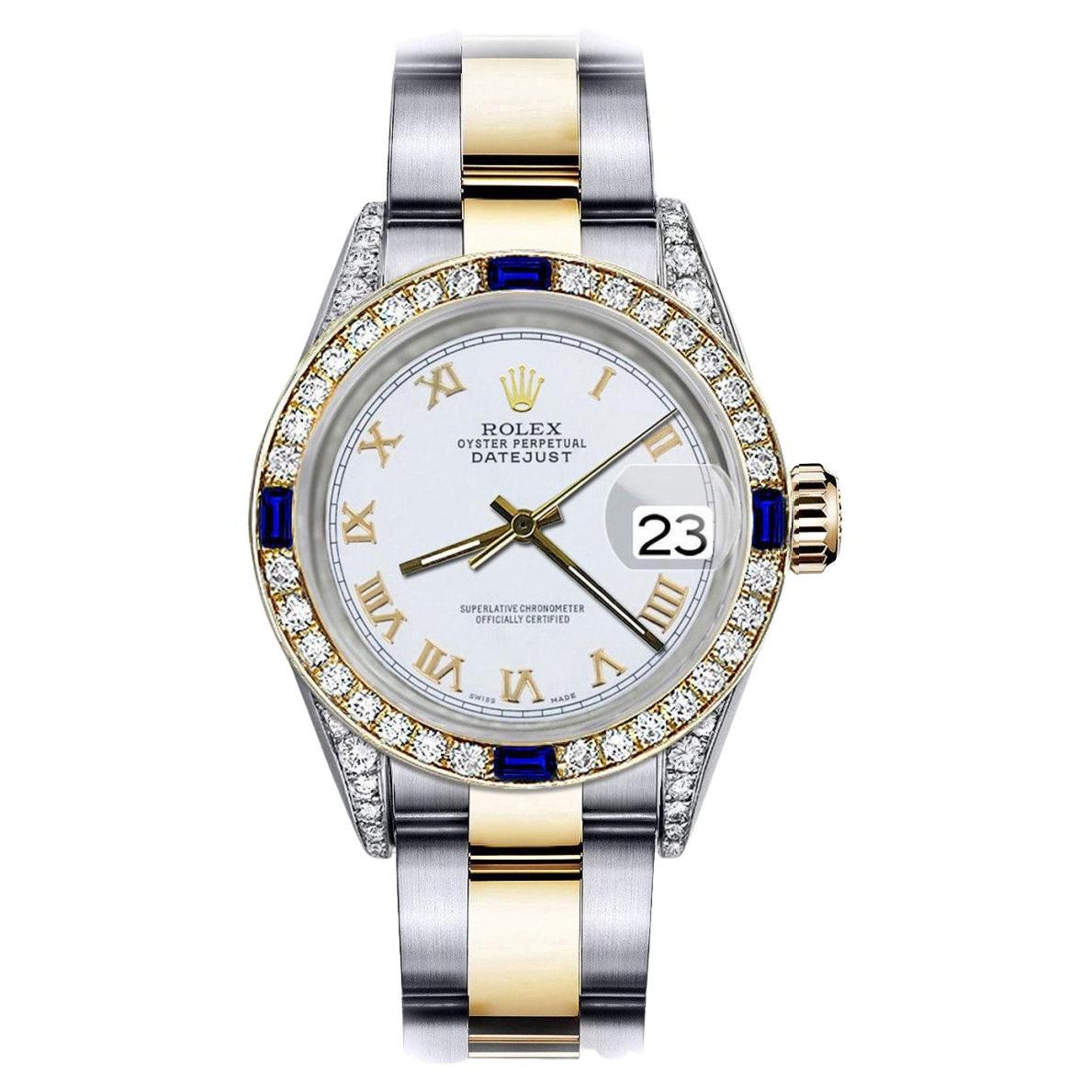 Rolex Pearl White Roman Datejust Two Tone Diamond Lugs + Sapphire Watch 69173 For Sale