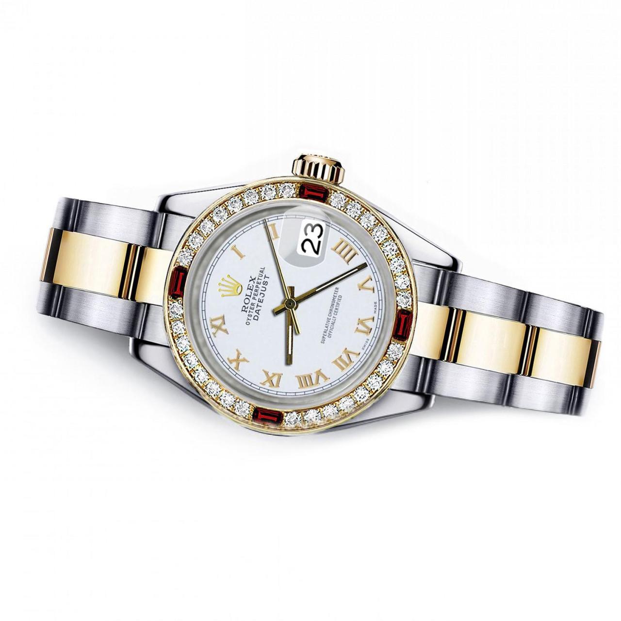 Rolex Pearl White Roman 26mm Datejust Two Tone Diamonds + Ruby Bezel Watch 69173
