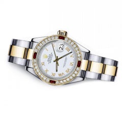 Rolex Pearl White Roman Datejust Two Tone Diamonds + Ruby Bezel Watch