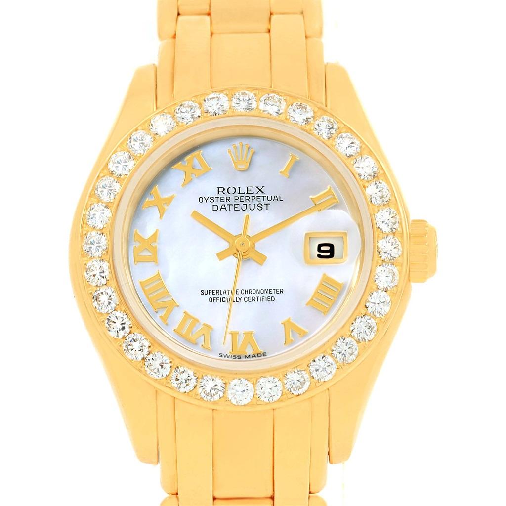 Rolex Pearlmaster 18 Karat Gold Mother of Pearl Diamond Ladies Watch 69298 For Sale 2