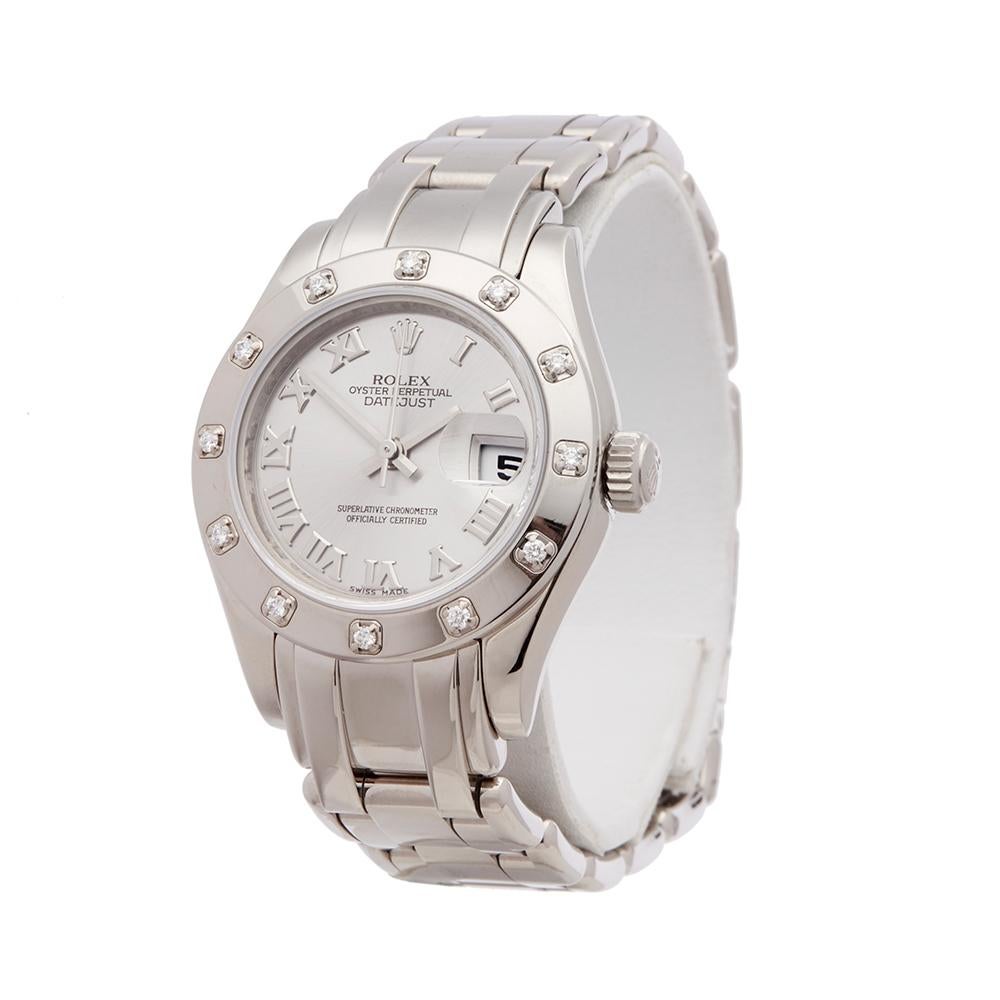 Reference: COM1834
Manufacturer: Rolex
Model: Pearlmaster
Model Reference: 80319
Age: 23rd November 2007
Gender: Women's
Box and Papers: Box, Manuals and Guarantee
Dial: Silver Roman
Glass: Sapphire Crystal
Movement: Automatic
Water Resistance: To
