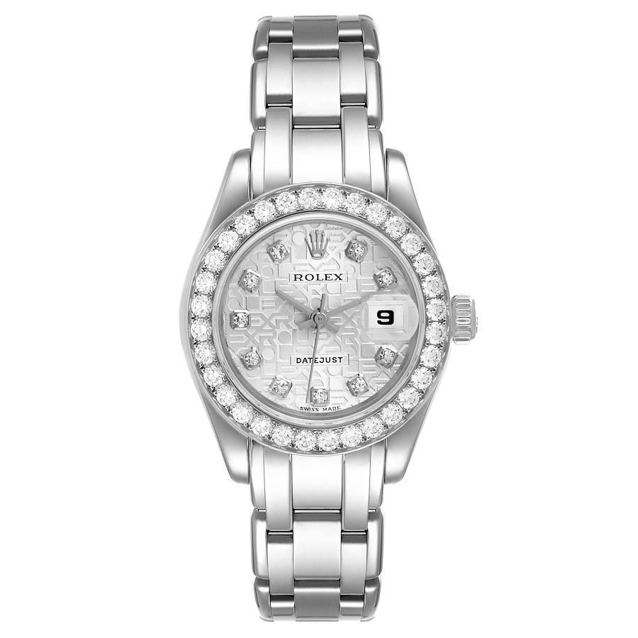 Rolex Pearlmaster 18K White Gold Anniversary Diamond Dial Ladies Watch 69299. Officially certified chronometer self-winding movement with quickset date function. 18k white gold oyster case 29.0 mm in diameter. Rolex logo on a crown. Original Rolex