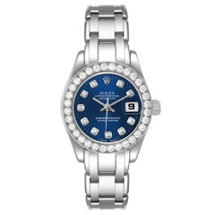 Rolex Pearlmaster 18K White Gold Blue Diamond Dial Bezel Watch 69299