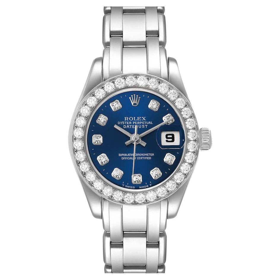 Rolex Pearlmaster 18K White Gold Blue Diamond Dial Bezel Watch 69299 For Sale