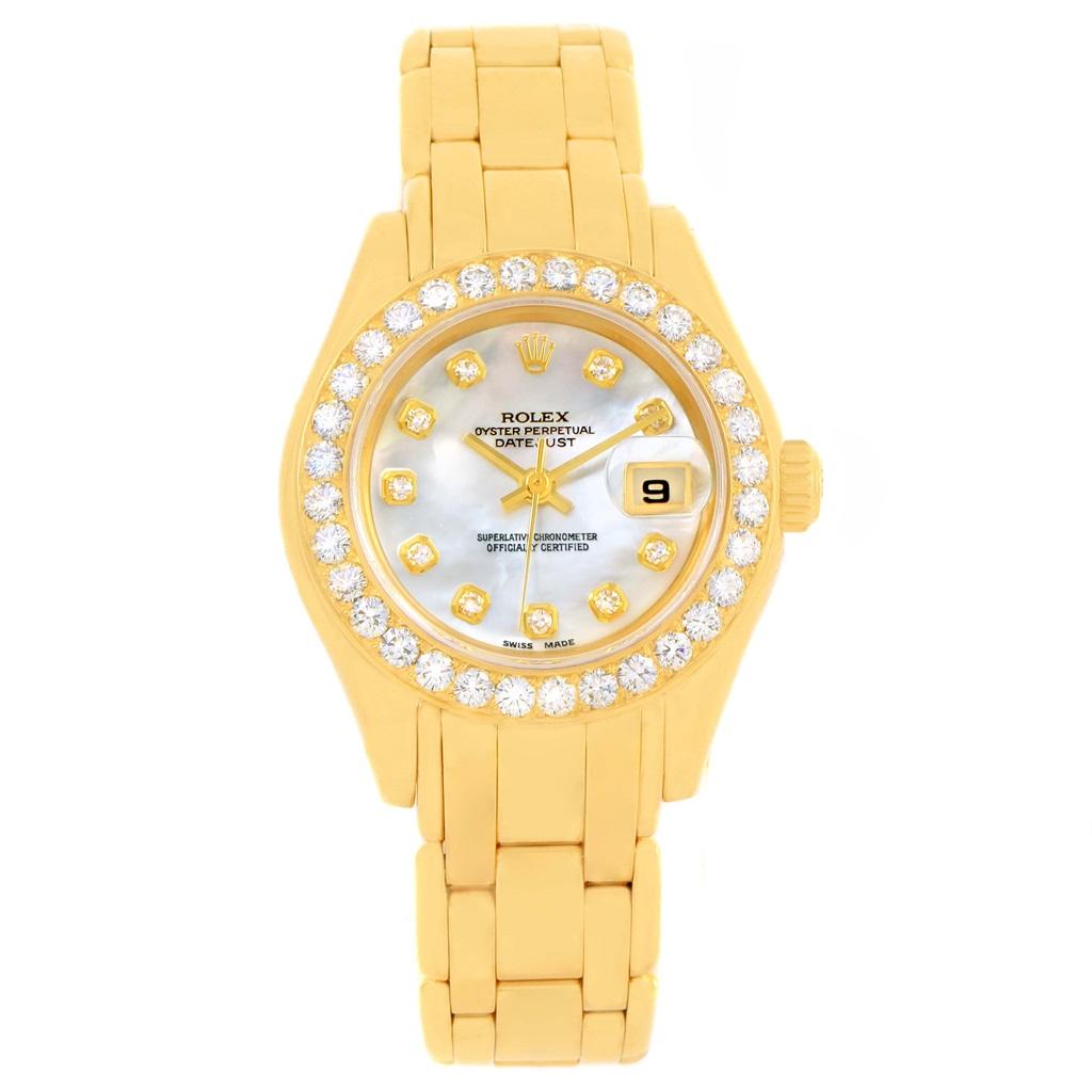 Rolex Pearlmaster 18K Yellow Gold MOP Diamond Dial Bezel Watch 69298 For Sale 1